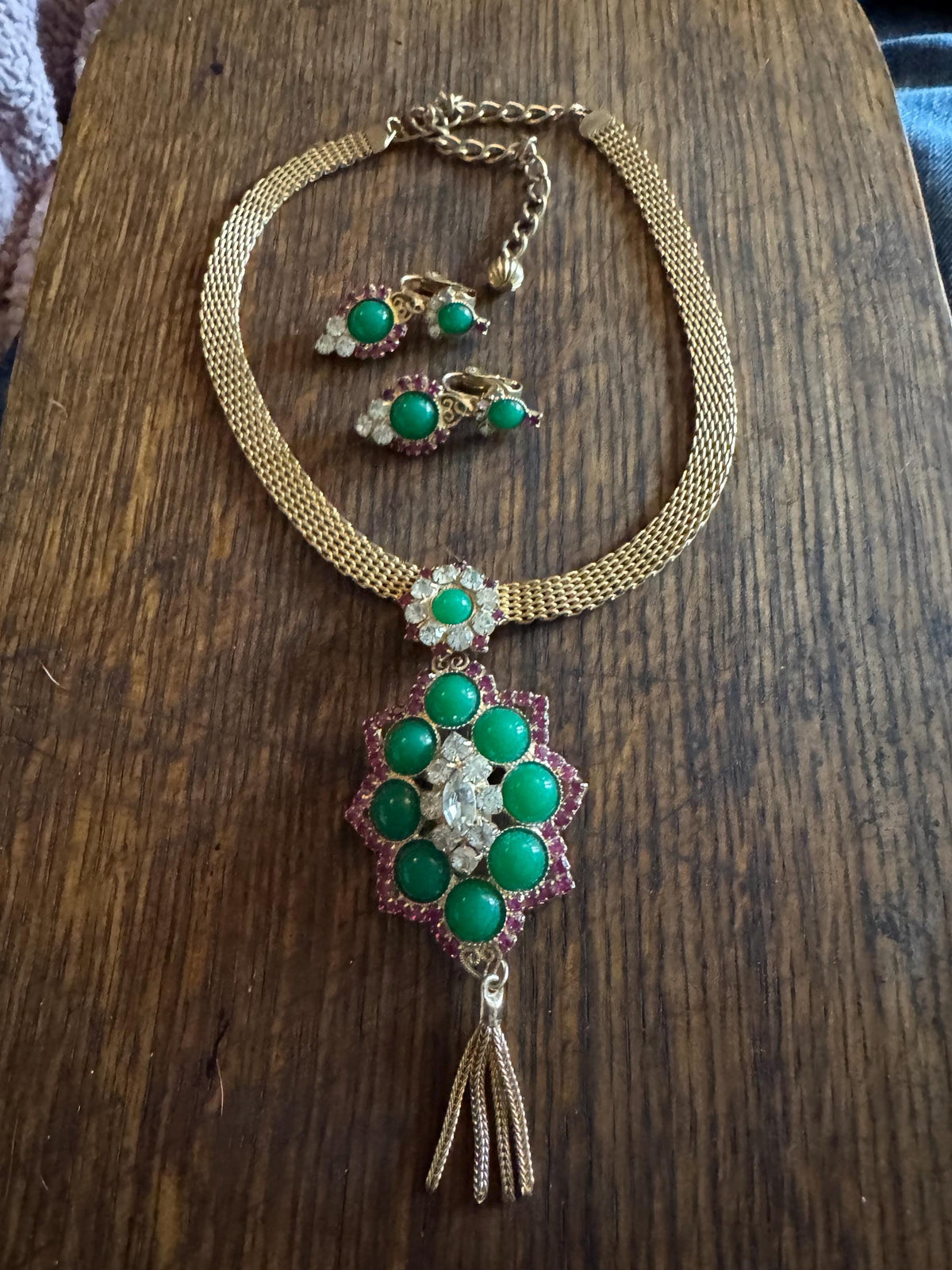 Vintage Juliana Jewelry Set, Pink Rhinestone, Green Cabochon, Gold Mesh