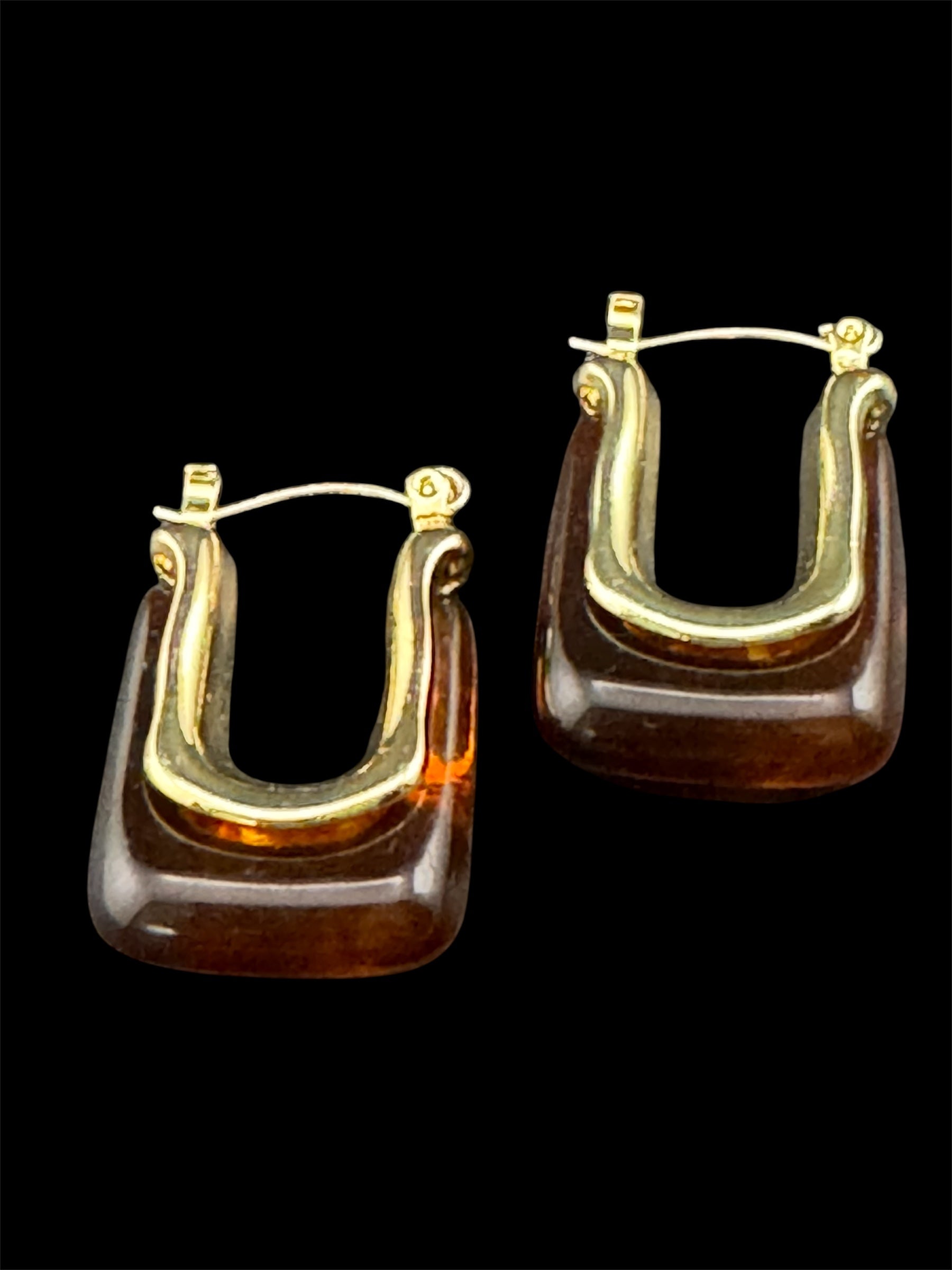 Brown acrylic gold tone pierced rectangular drop hoop earrings
