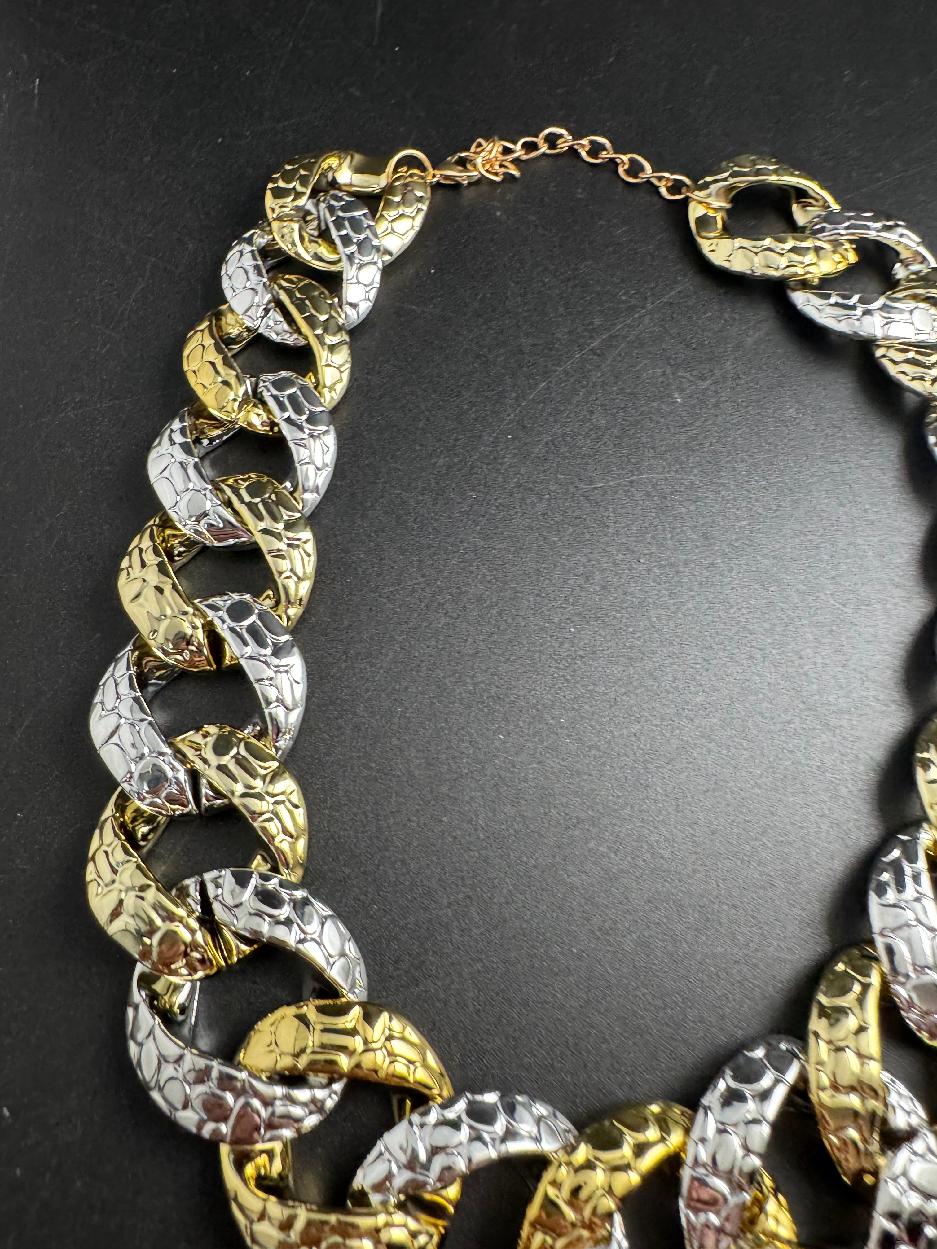 Chunky acrylic gold and silver curb link choker necklace, oversized jewellery