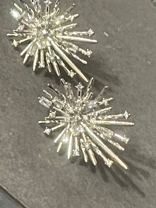 Modernist brutalist style silver diamanté  atomic starburst clip on earrings