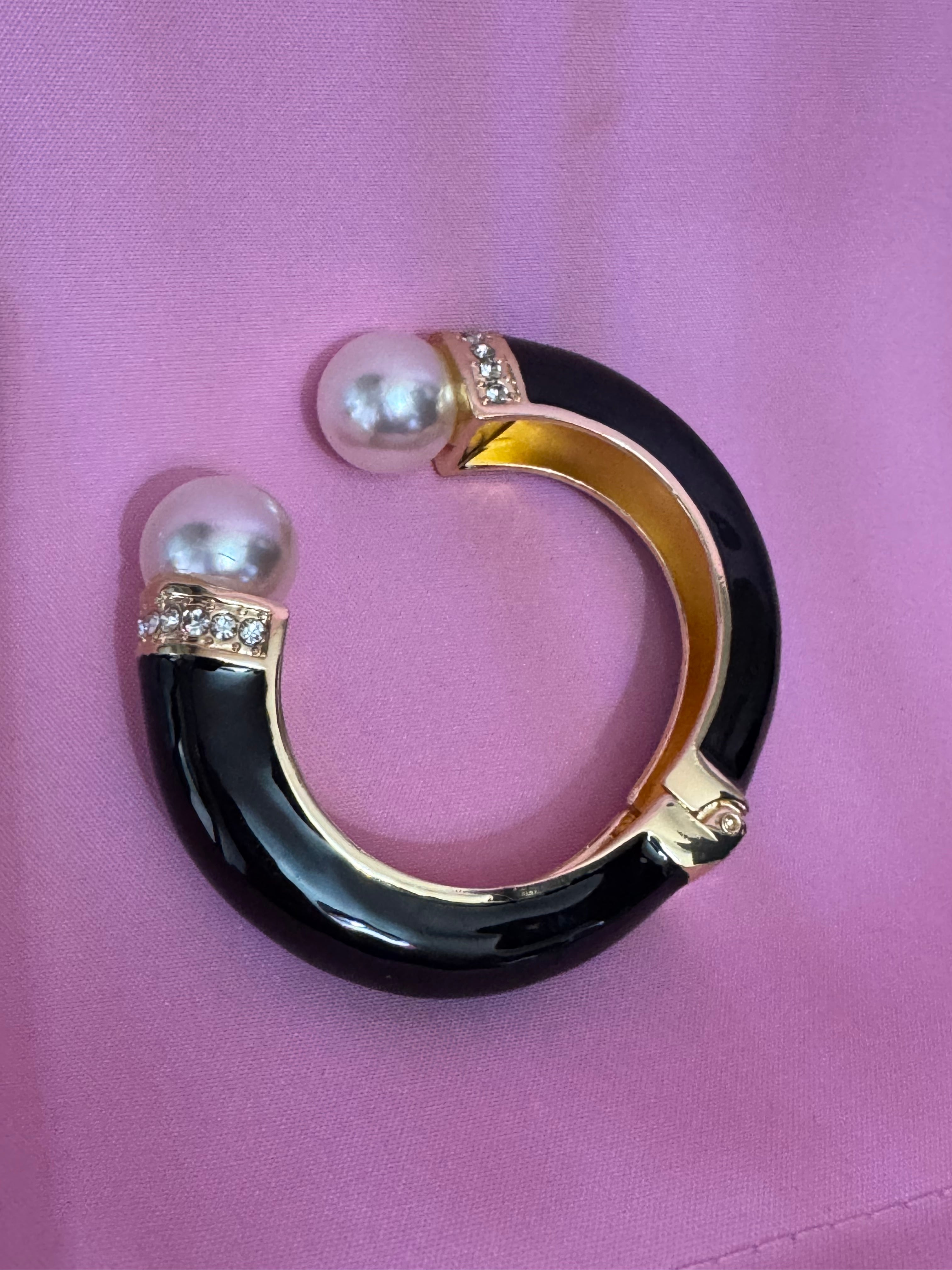 Classic black enamel Crystal clamper Bangle with pearl ball ends