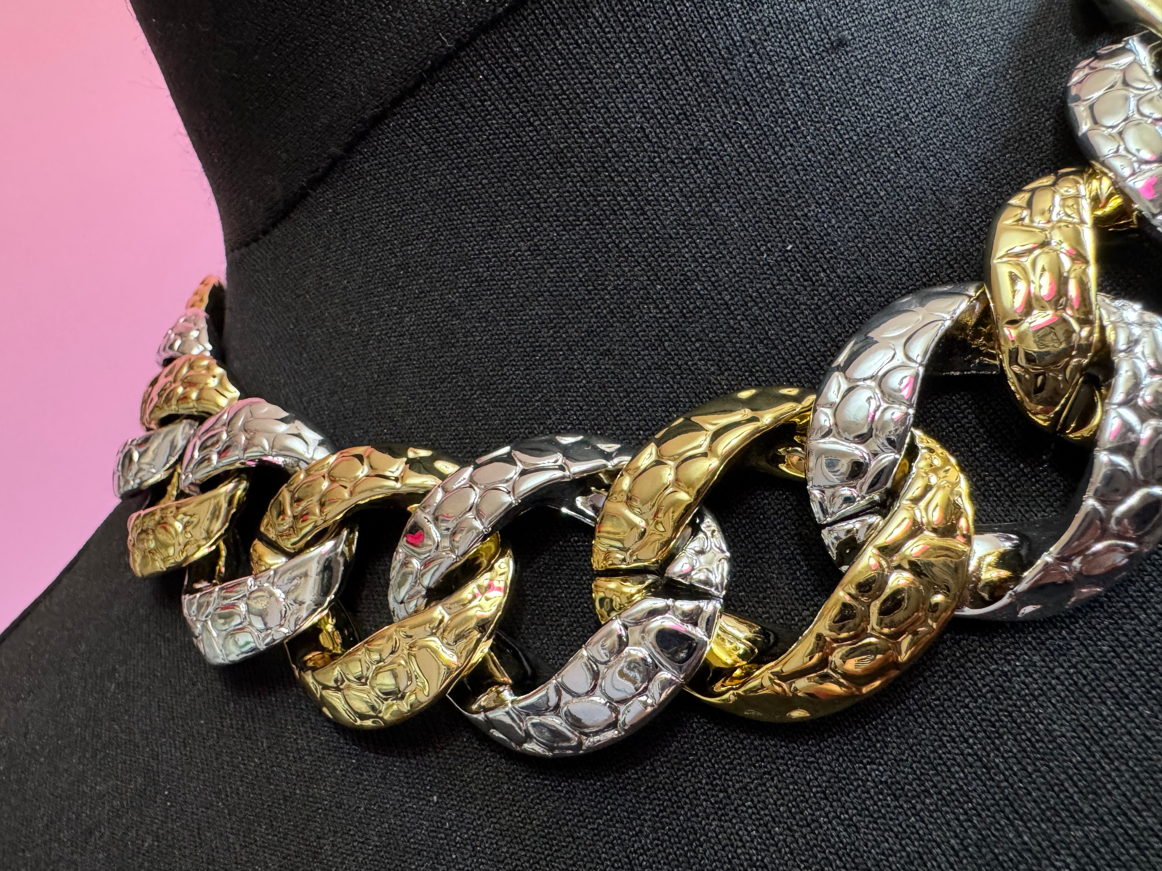 Chunky acrylic gold and silver curb link choker necklace, oversized jewellery