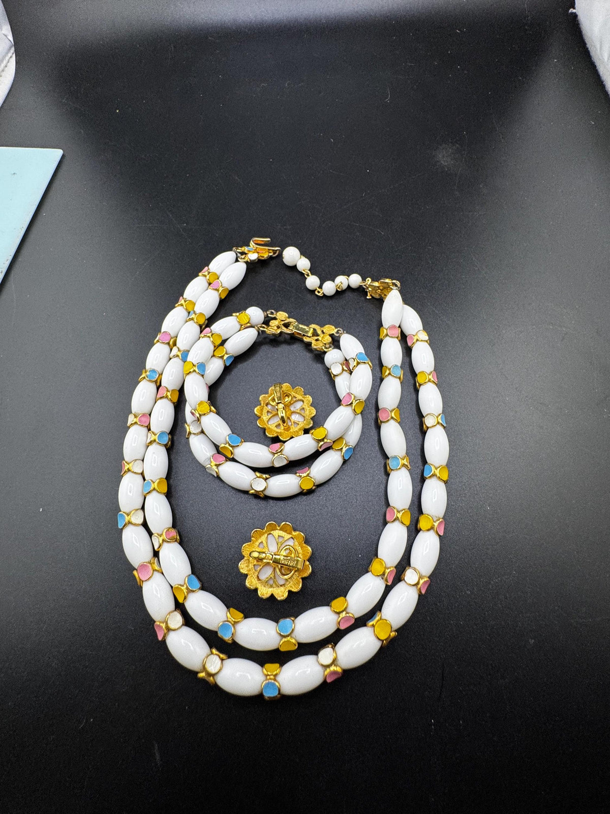 Signed Trifari Parure, Milk Glass Pastel Necklace, Bracelet Set