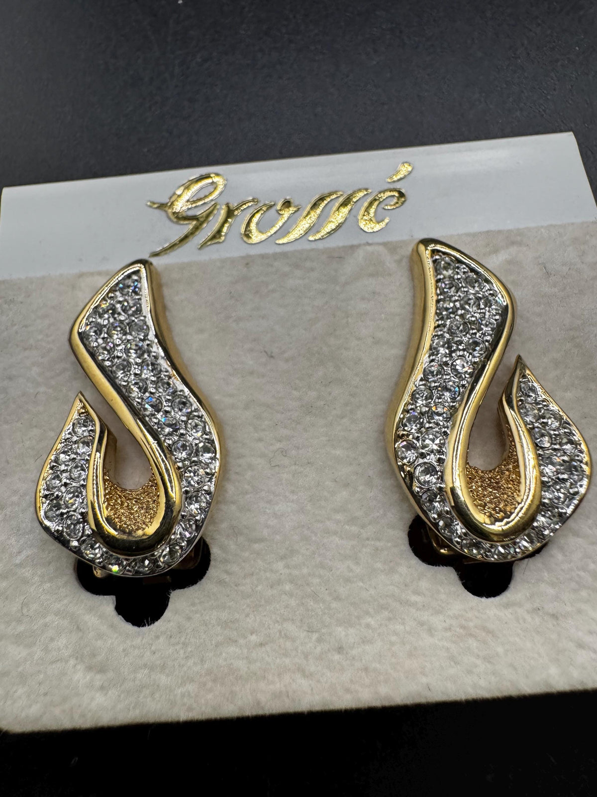 Vintage Grosse Earrings, Clear Rhinestone Clip-On, Gold Plated