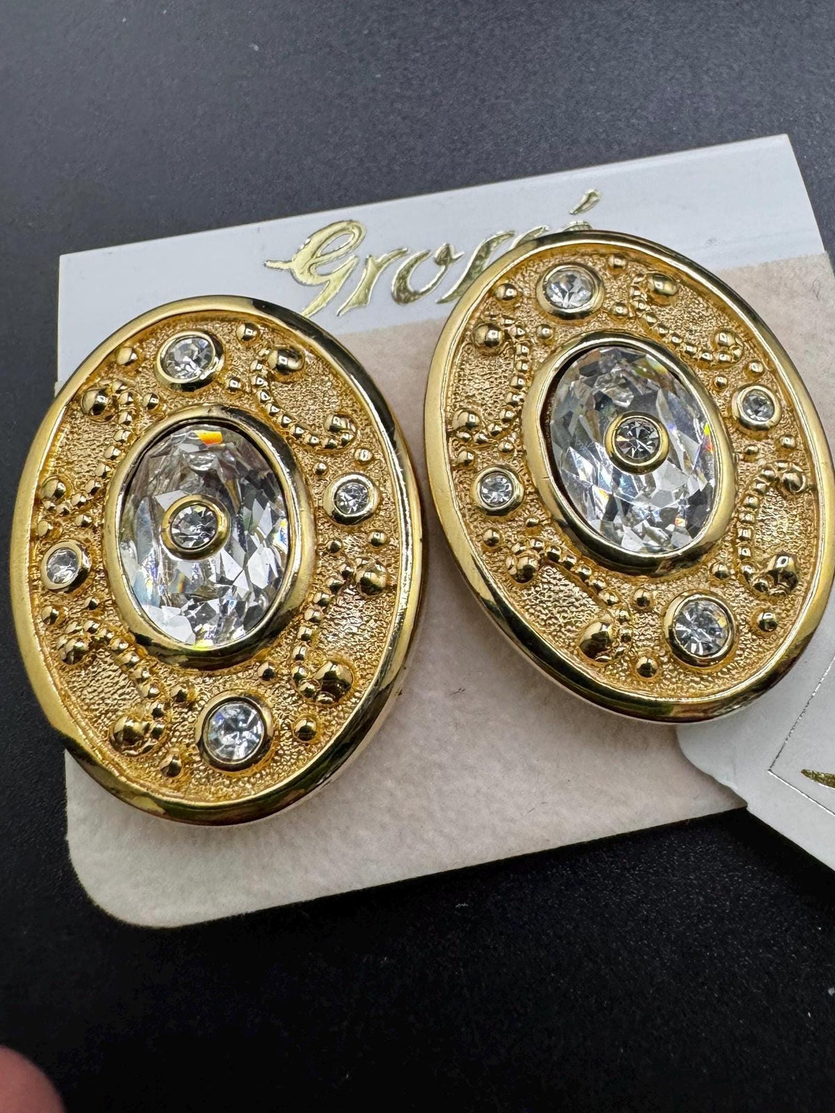 Vintage Grosse Earrings, Clear Rhinestone Oval Clip Ons, Gold Plated