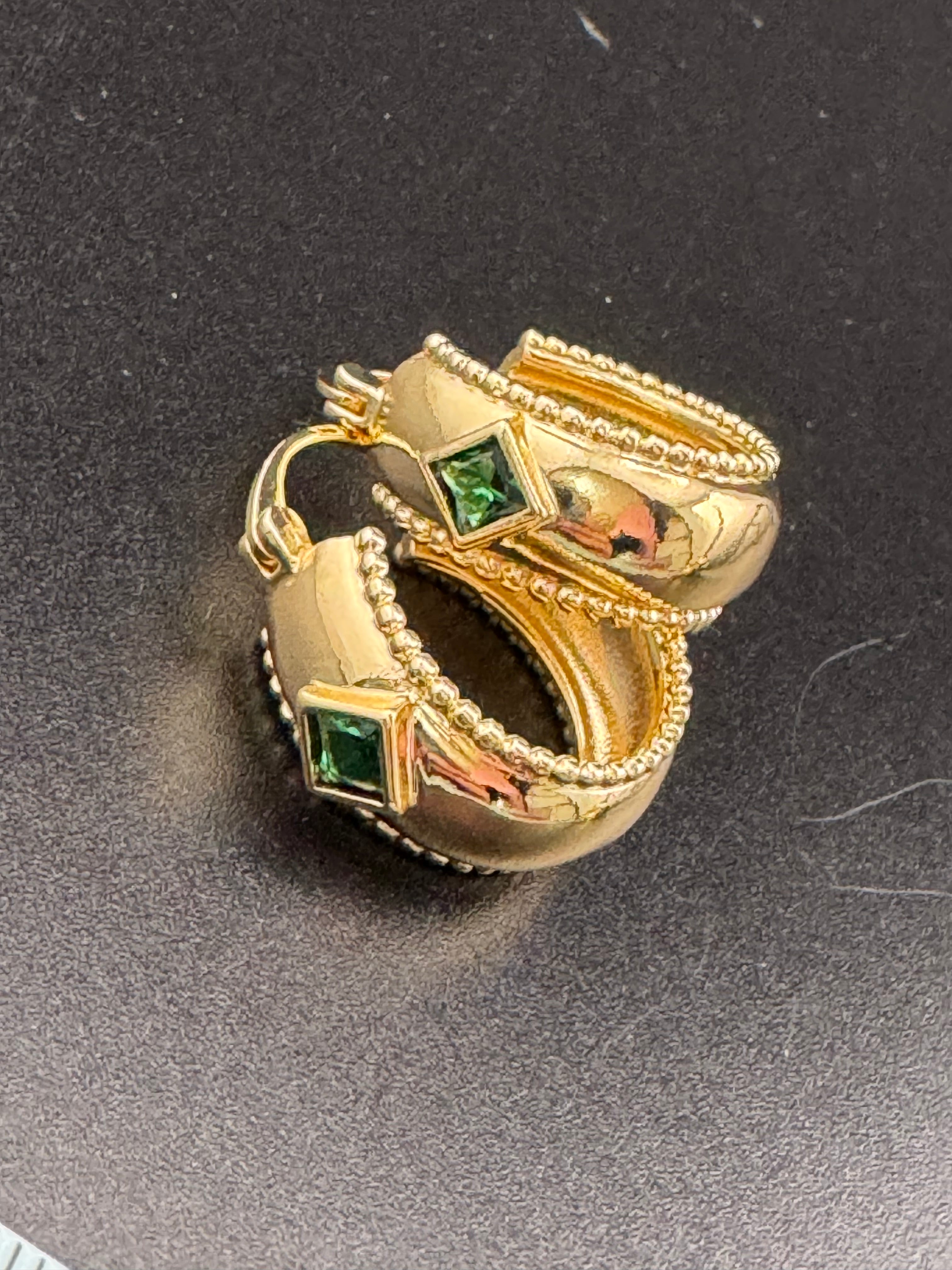 Wide crystal gold hoop earrings with pink emerald and tourmaline crystals