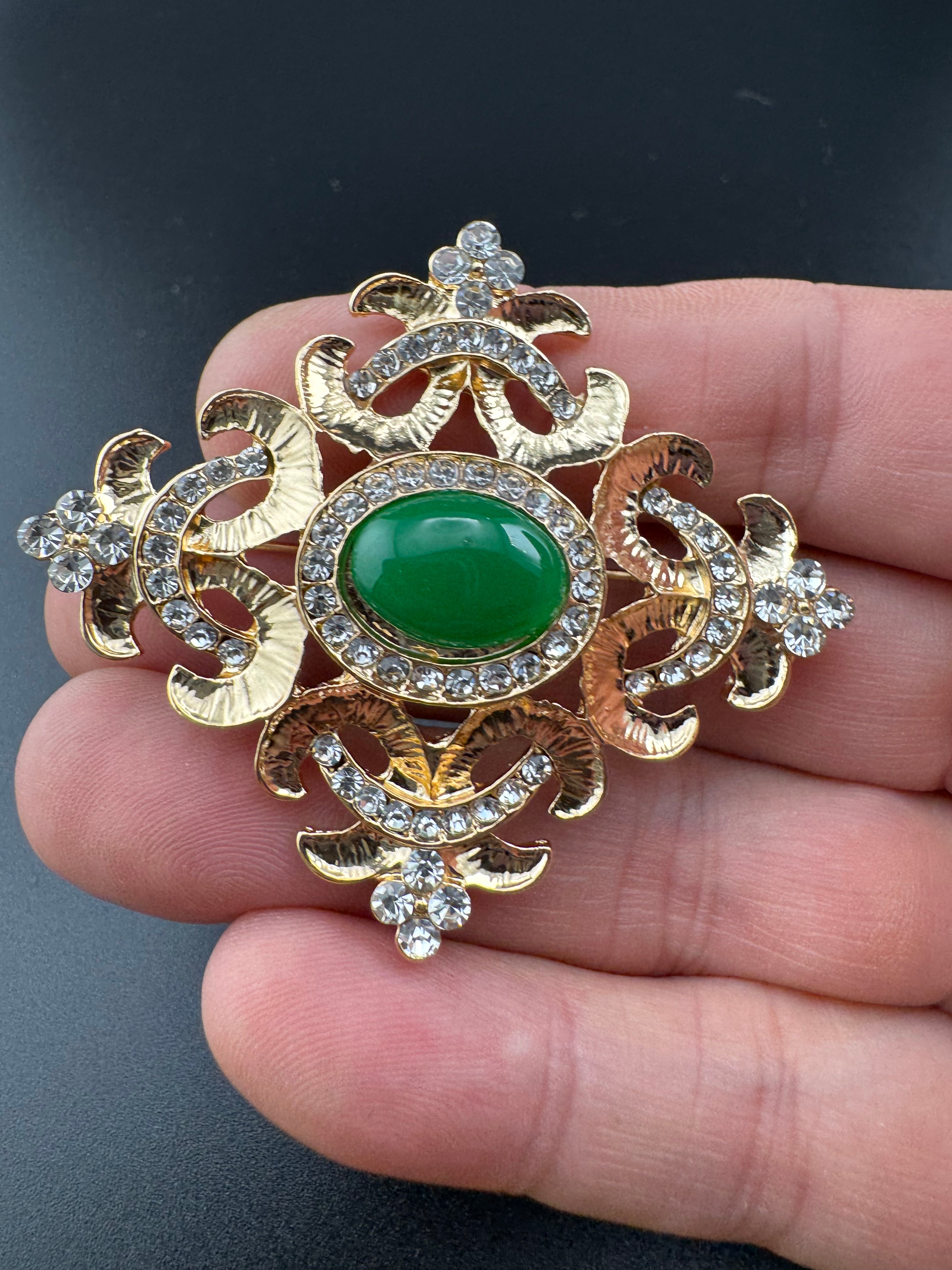 Statement Medieval style gold emerald cabochon rhinestone cross brooch