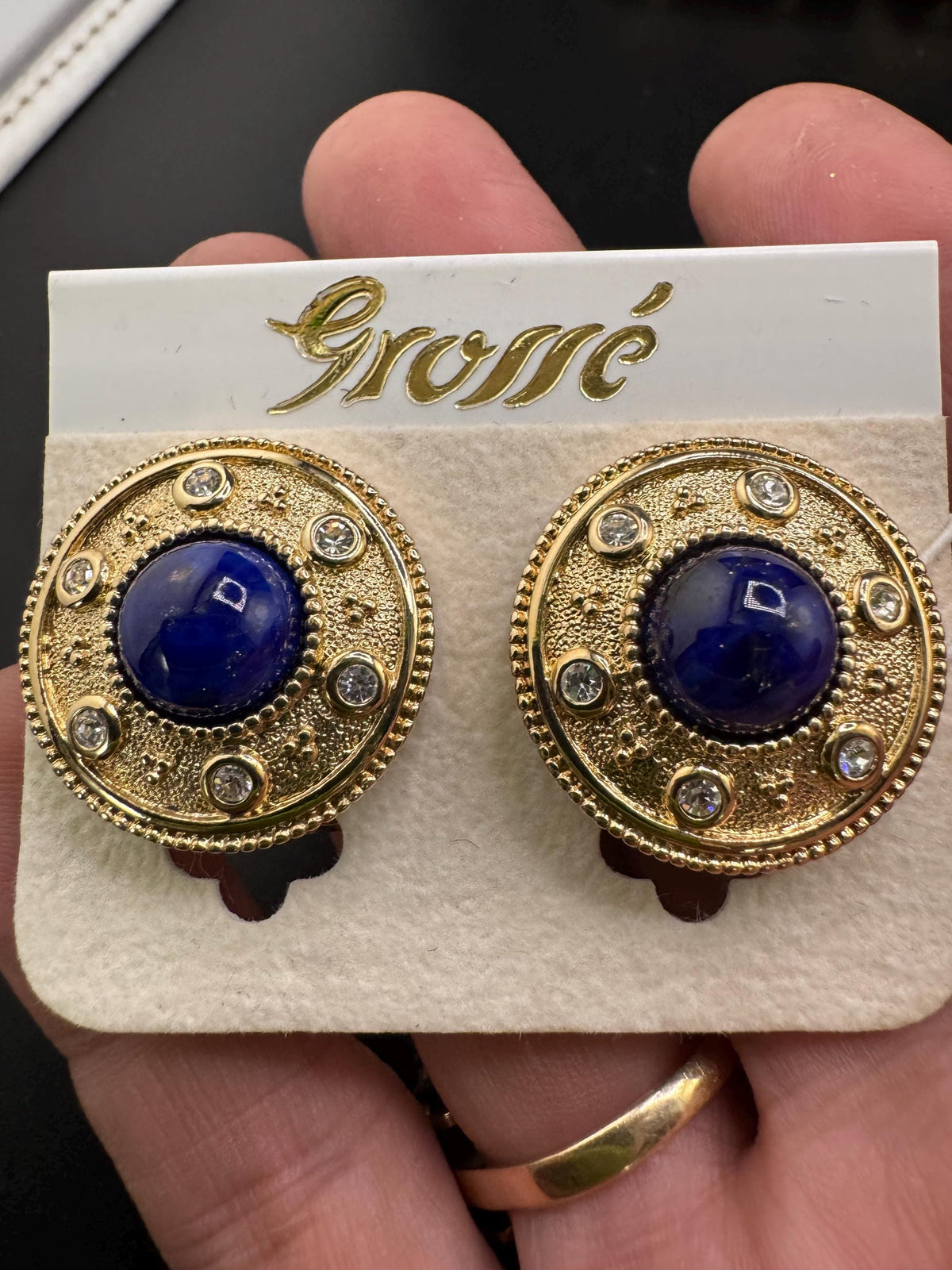 Grosse Clip On Earrings, Faux Blue Lapis, Rhinestones, Gold Plated