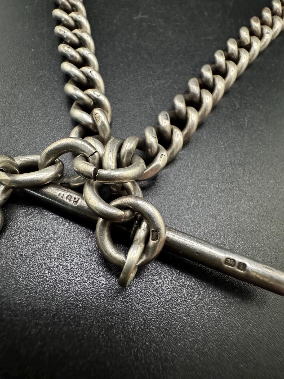 Antique Silver Albert Chain, 925 Sterling Double Watch Chain 41Cm