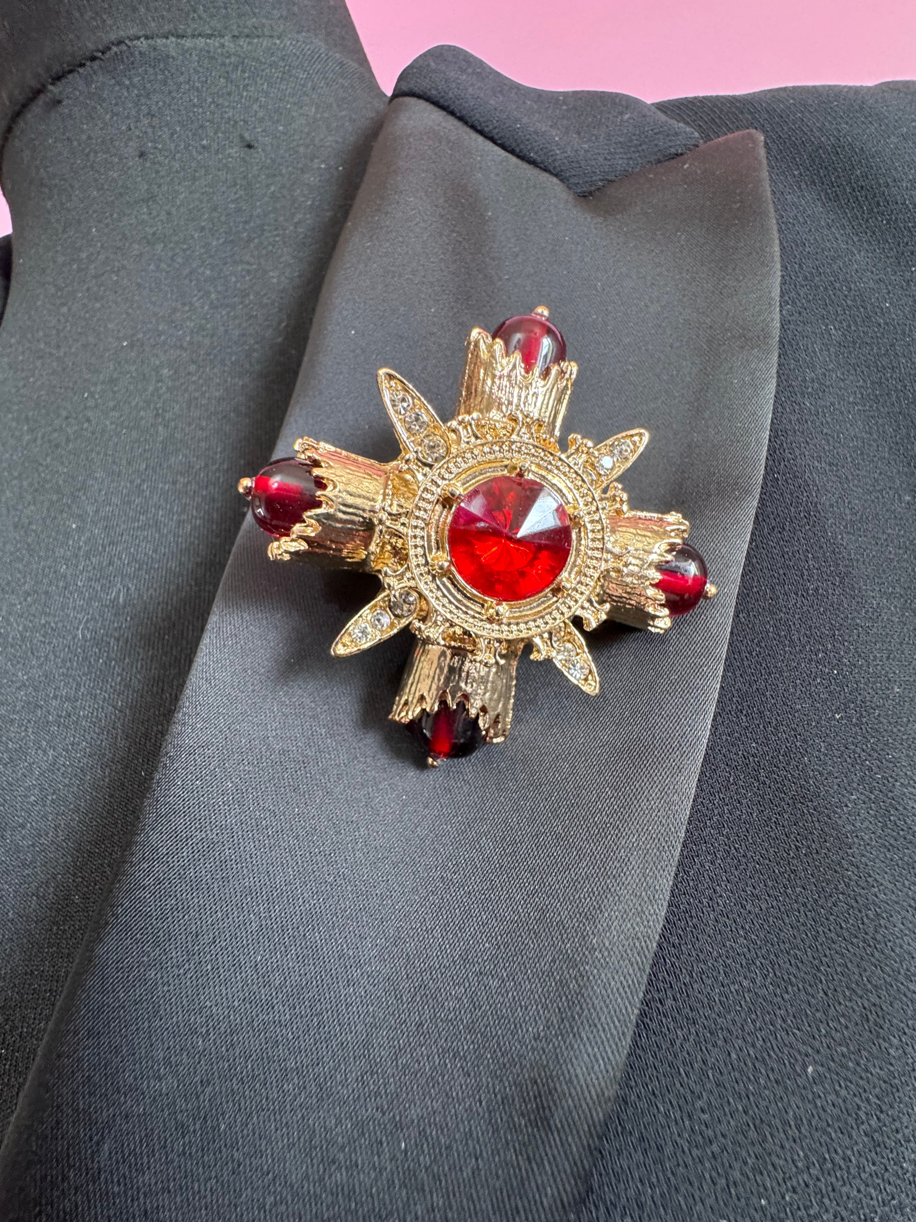 Statement Medieval style gold ruby rhinestone cross brooch