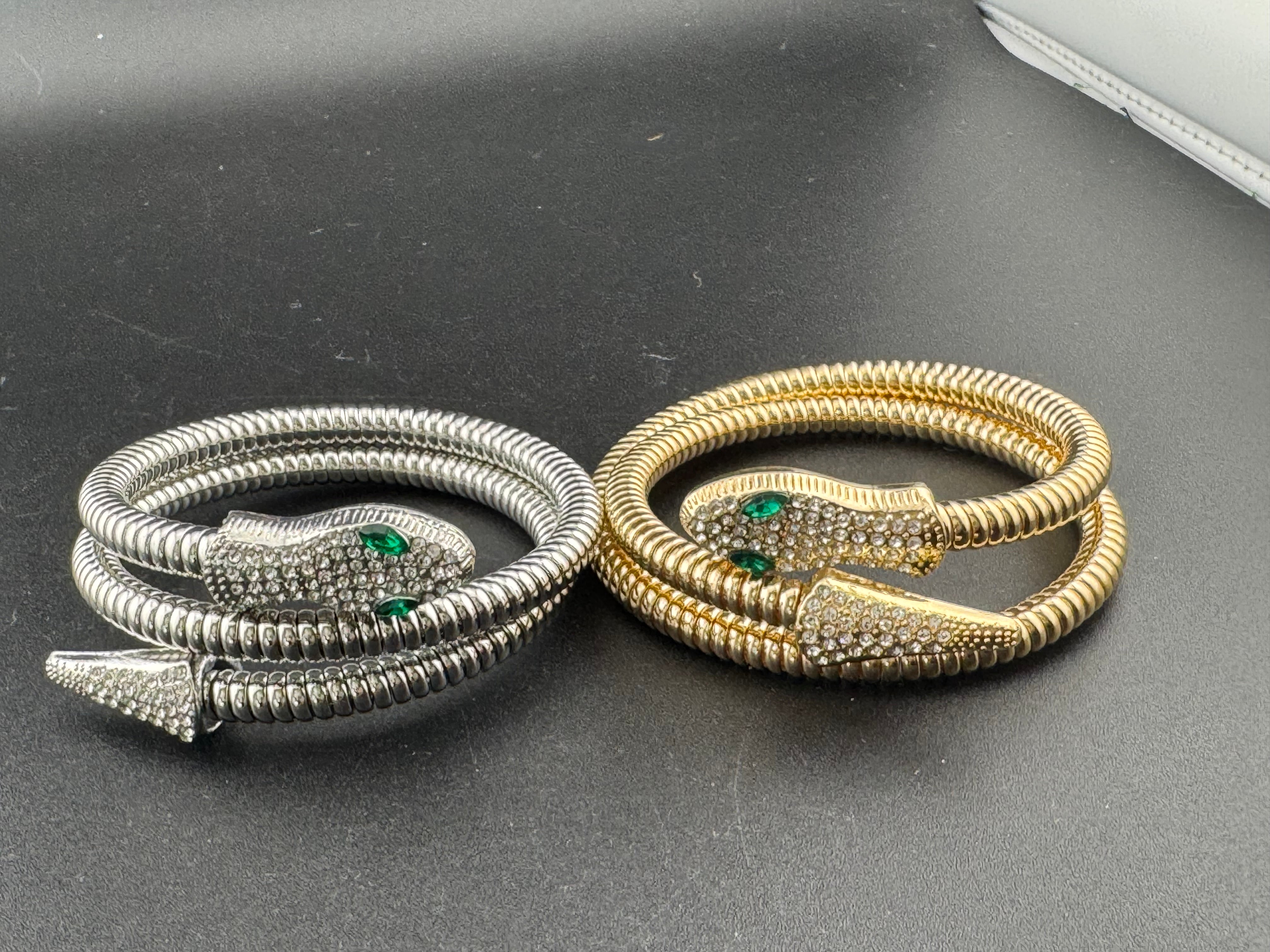 Silver crystal bendy wrap around snake bracelet with emerald eyes