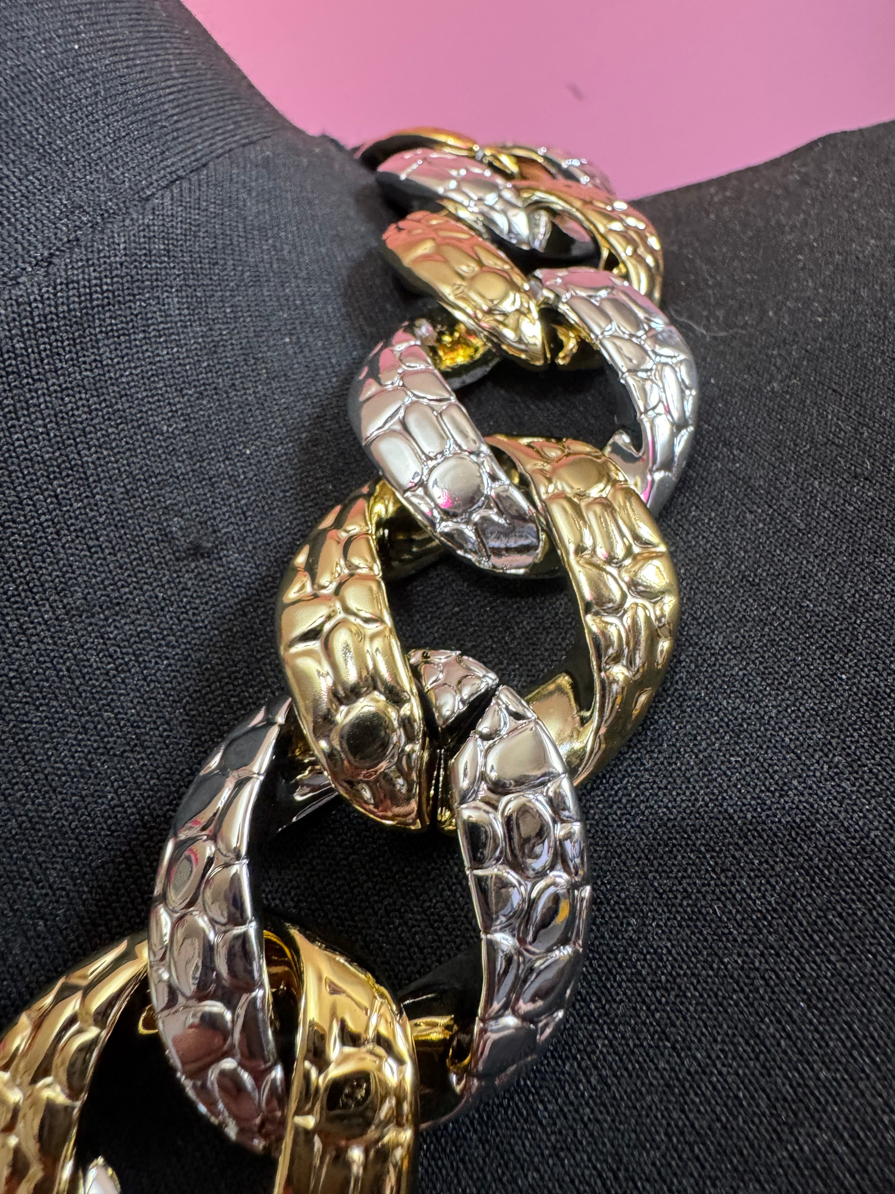 Chunky acrylic gold and silver curb link choker necklace, oversized jewellery