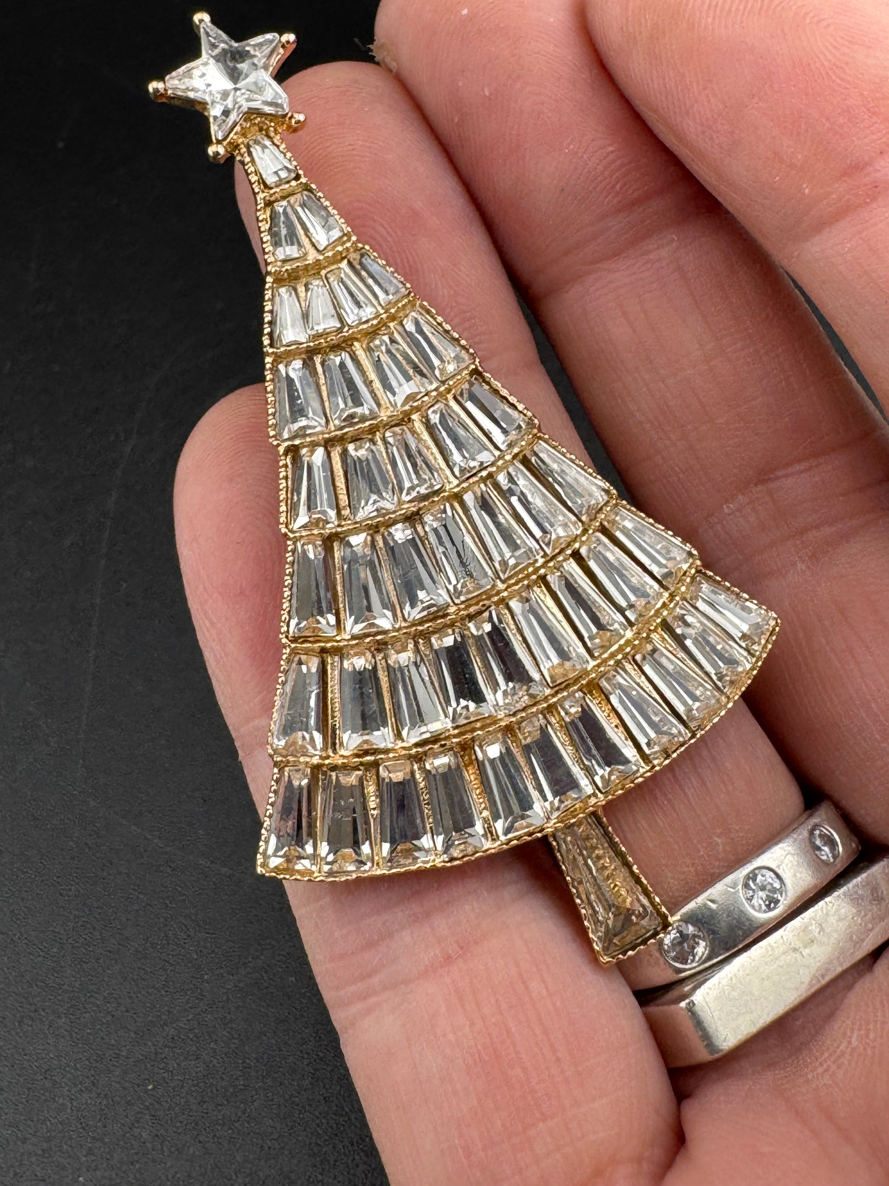 Baguette Crystal diamanté Christmas tree brooch, gold