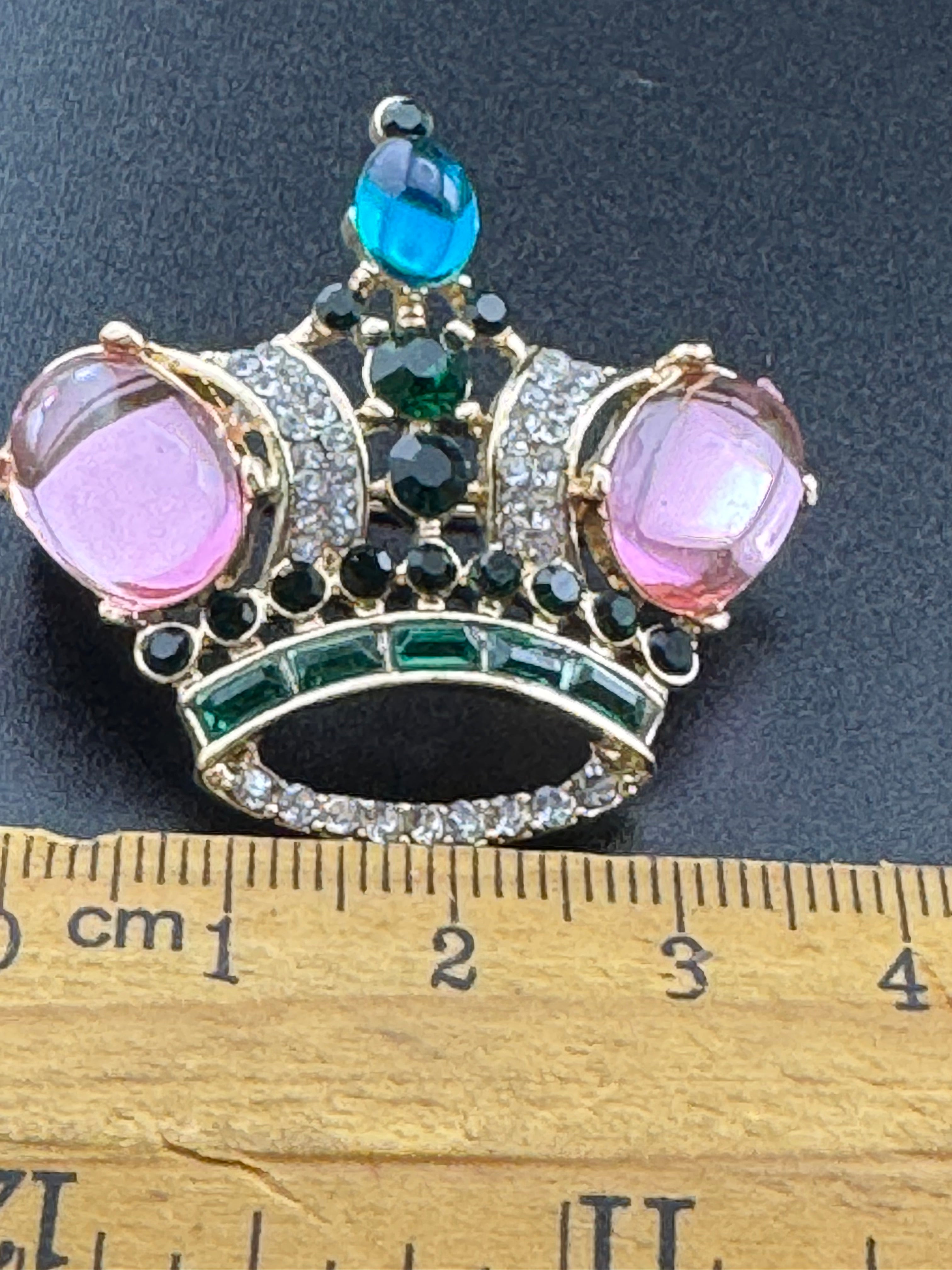 Royal crown brooch set with pink cabochons and coloured rhinestones