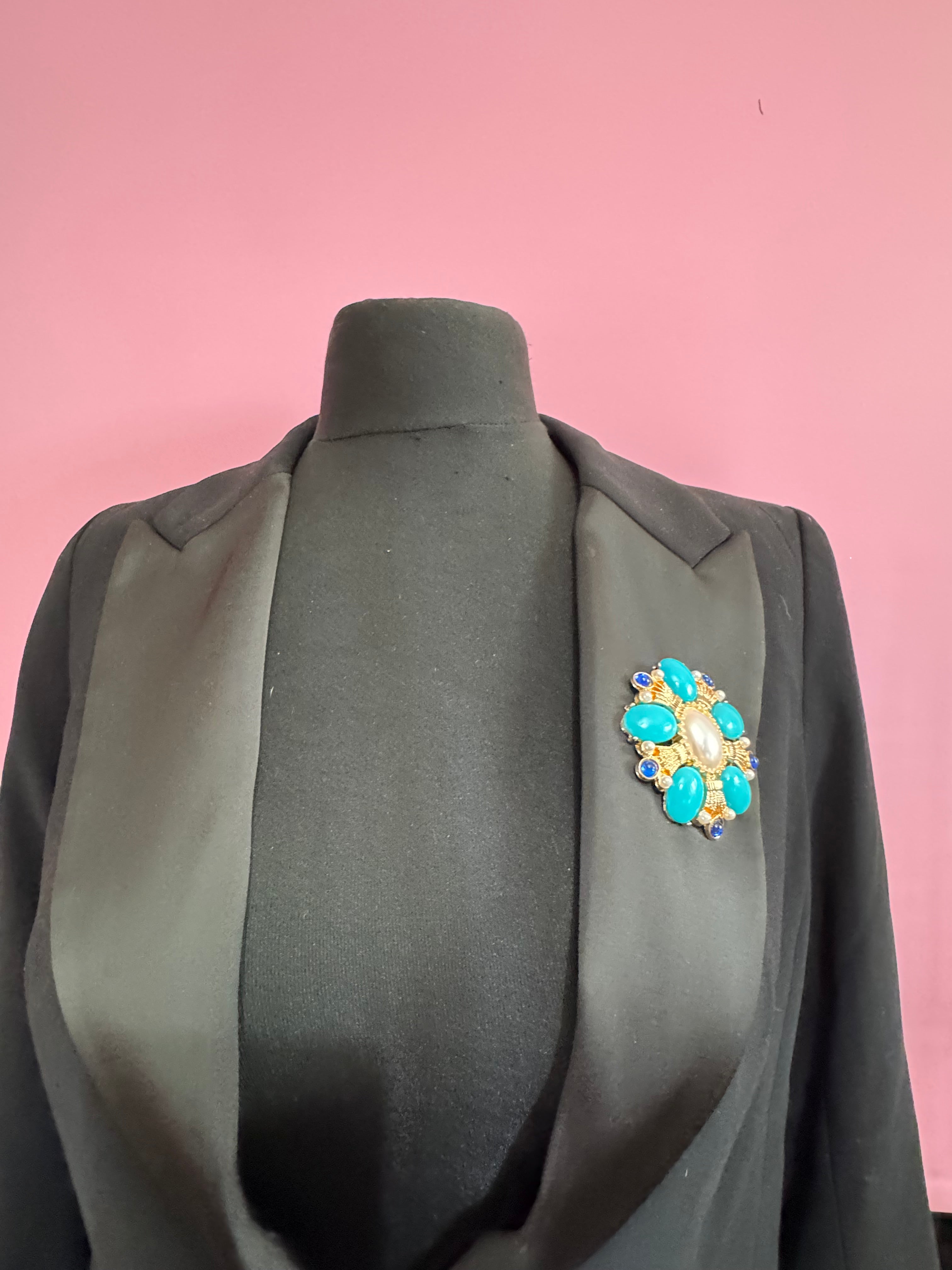 turquoise, sapphire and pearl oversized cabochon diamanté brooch