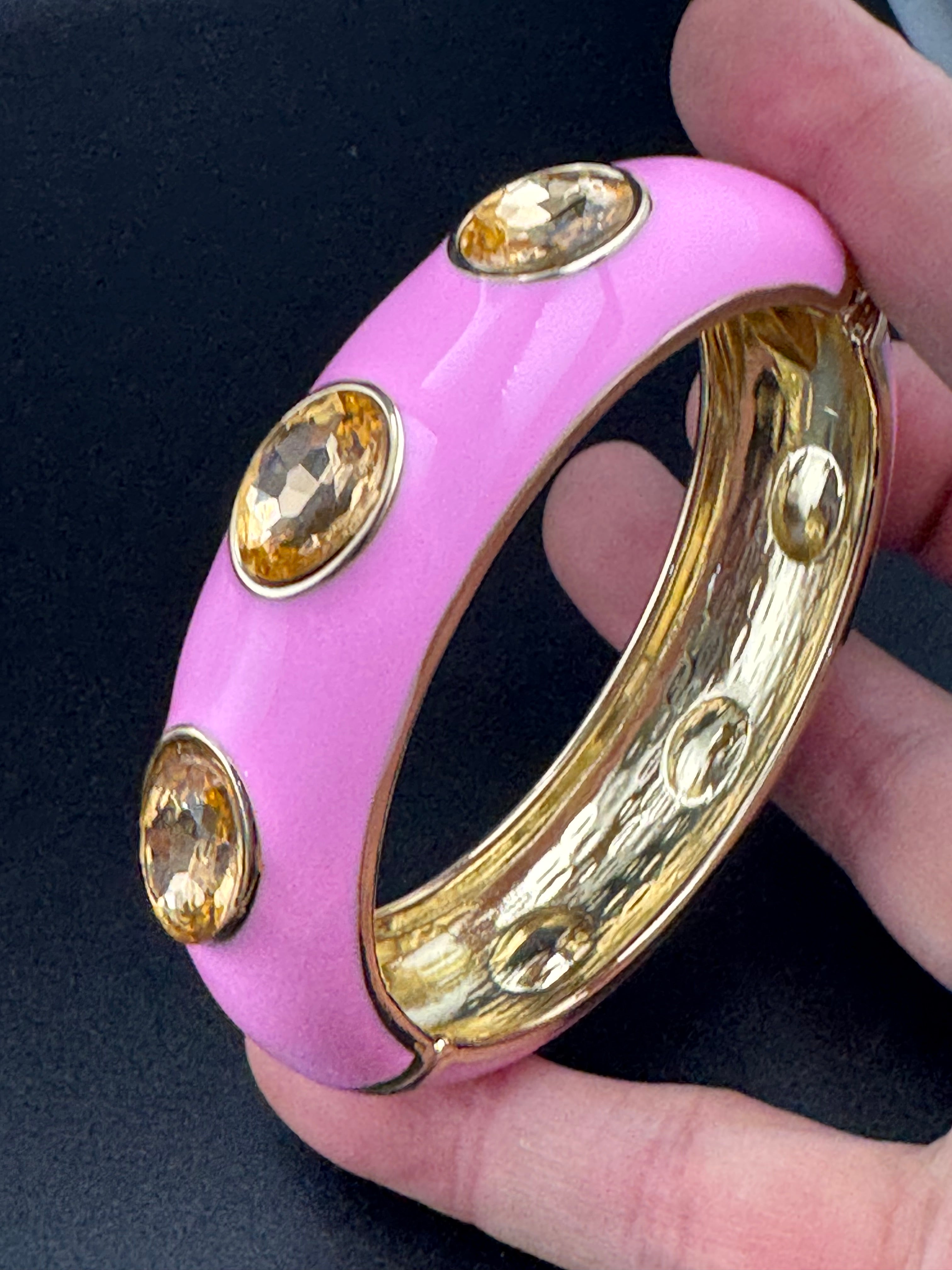 Pink enamel topaz Crystal clamper Bangle