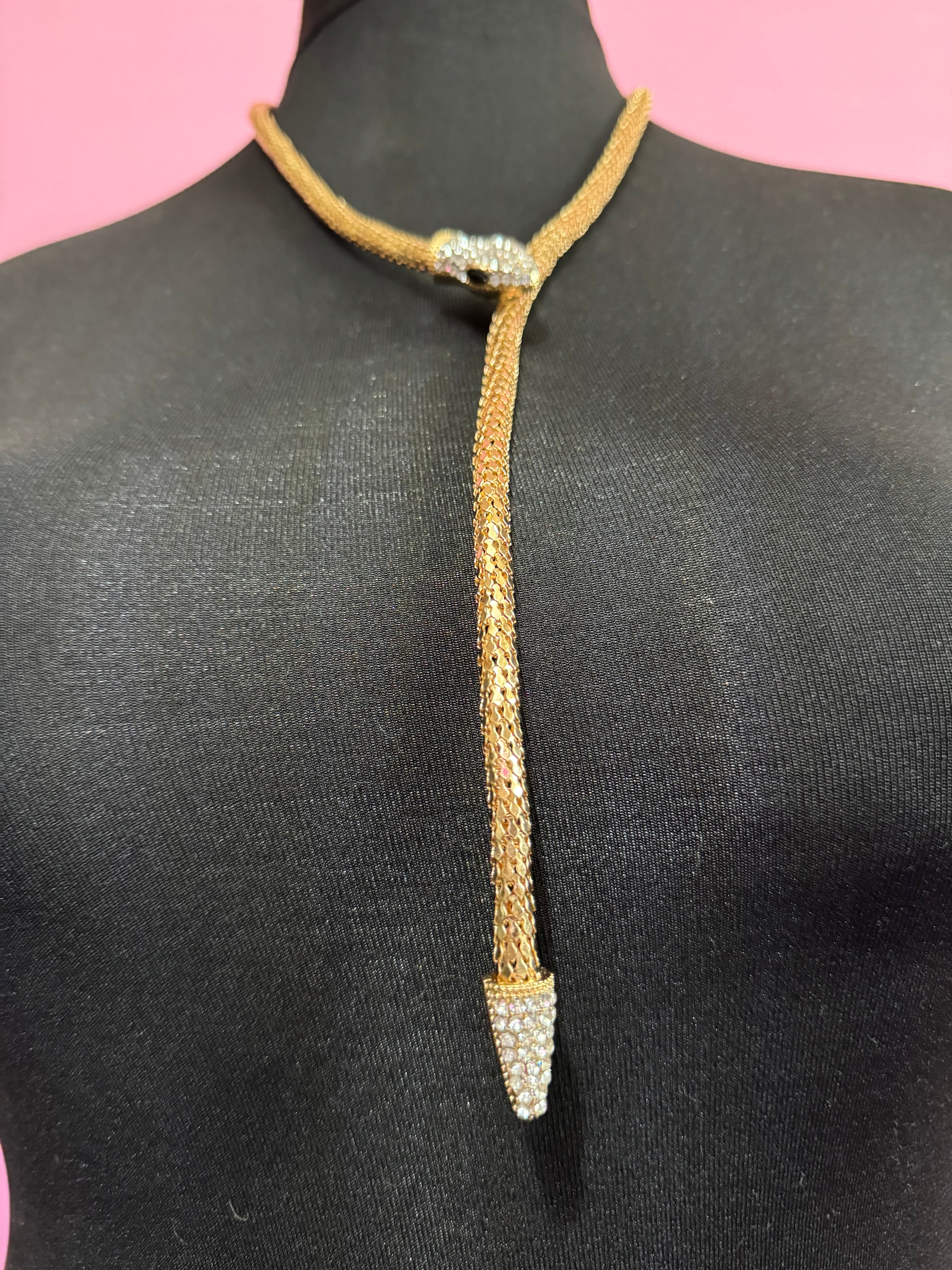 Gold tone mesh bendy wrap round magnetic snake choker collar necklace