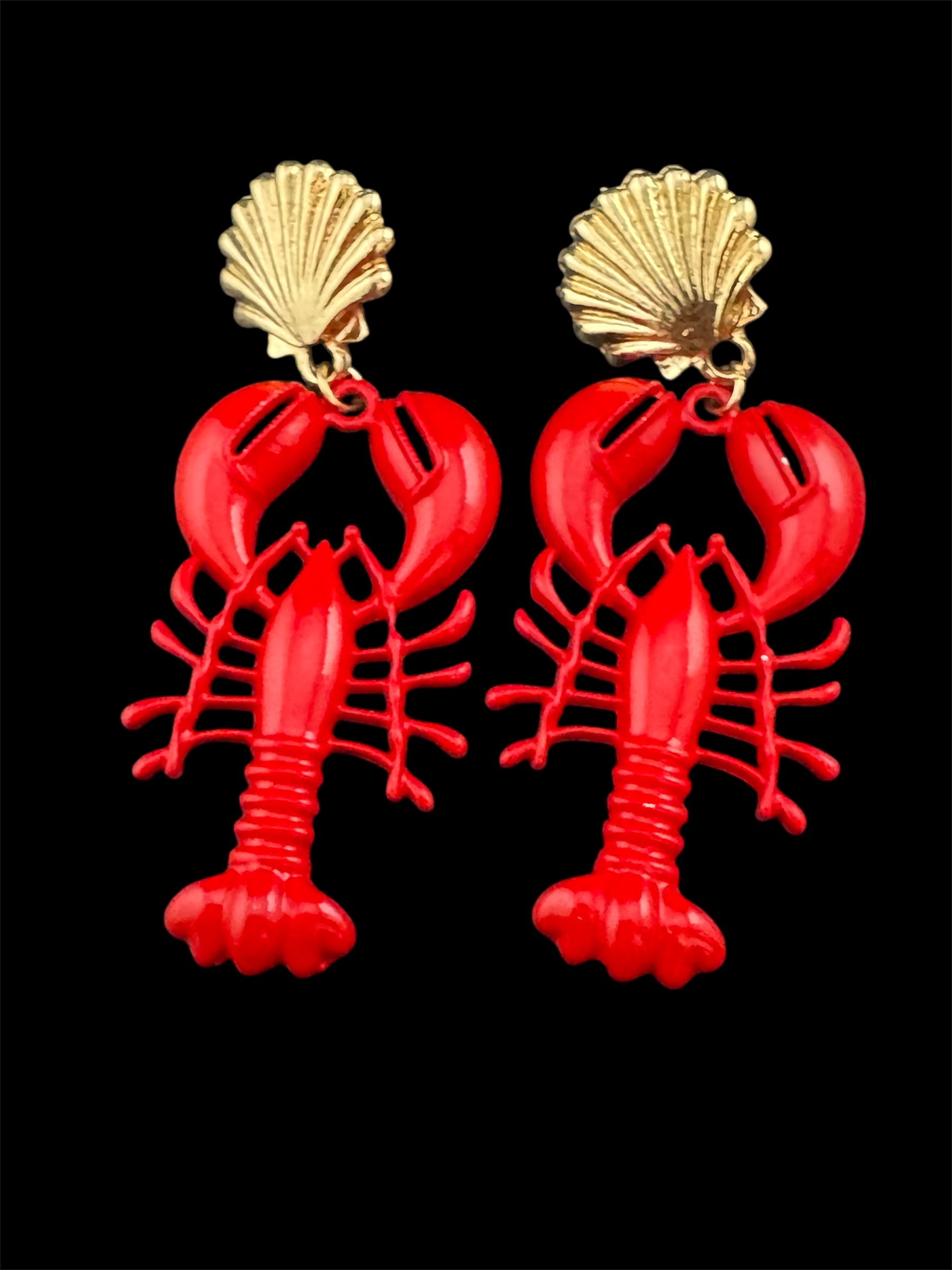 Bright red enamel lobster dangly earrings with gold seashells