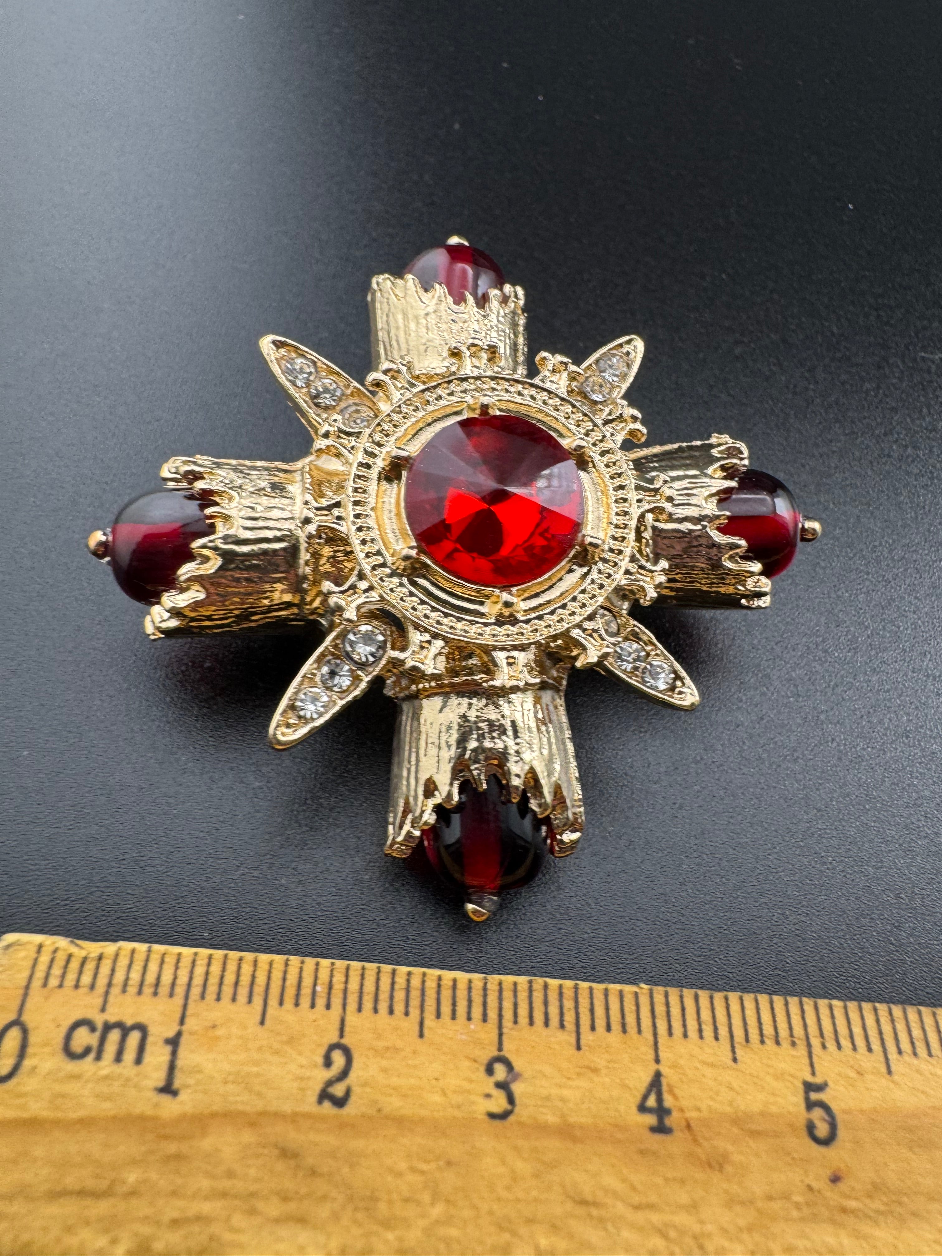 Statement Medieval style gold ruby rhinestone cross brooch