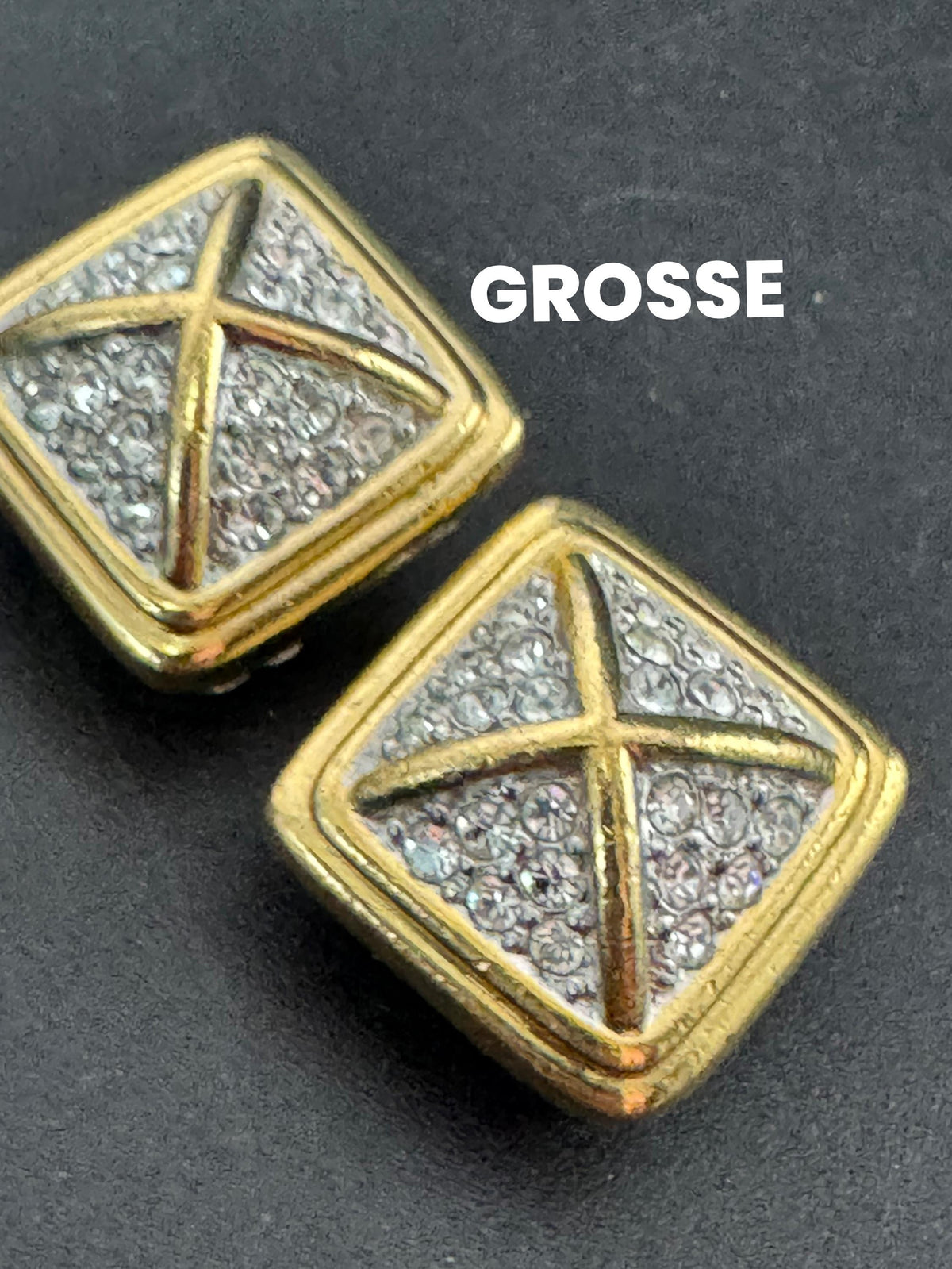Grosse Vintage Clip Earrings Signed Square Rhinestone, Gold 17Mm