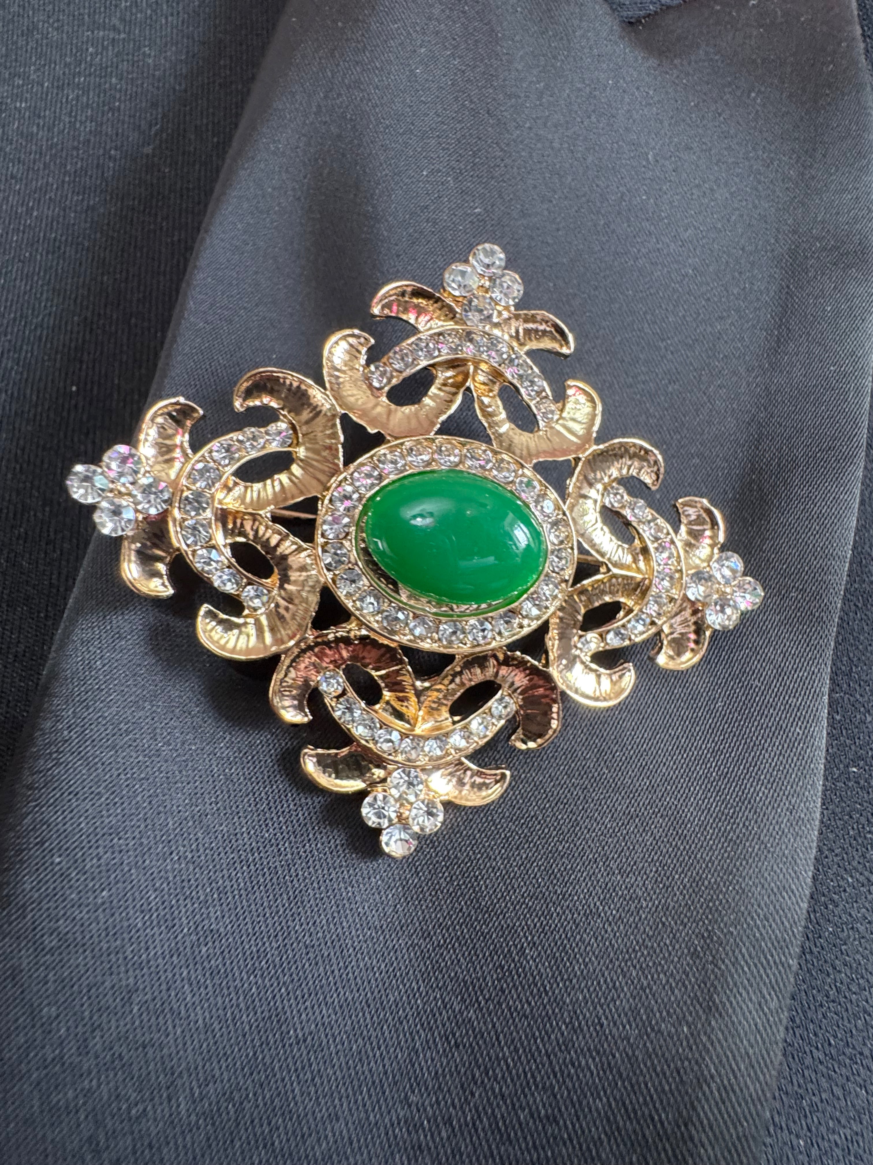 Statement Medieval style gold emerald cabochon rhinestone cross brooch