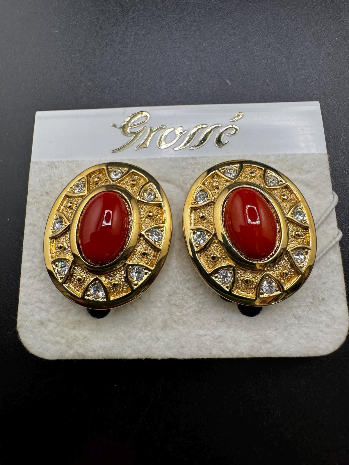 Vintage Grosse Earrings, Terracotta Cabochon, Clip On Gold Finish
