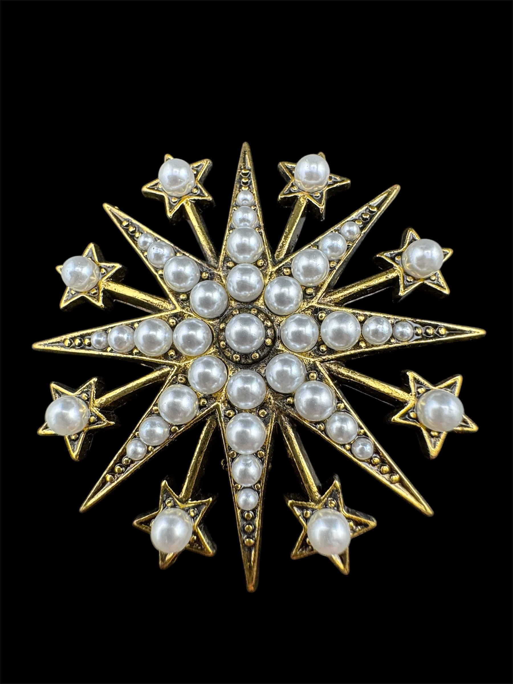 Large star brooch antique gold tone with seed pearls