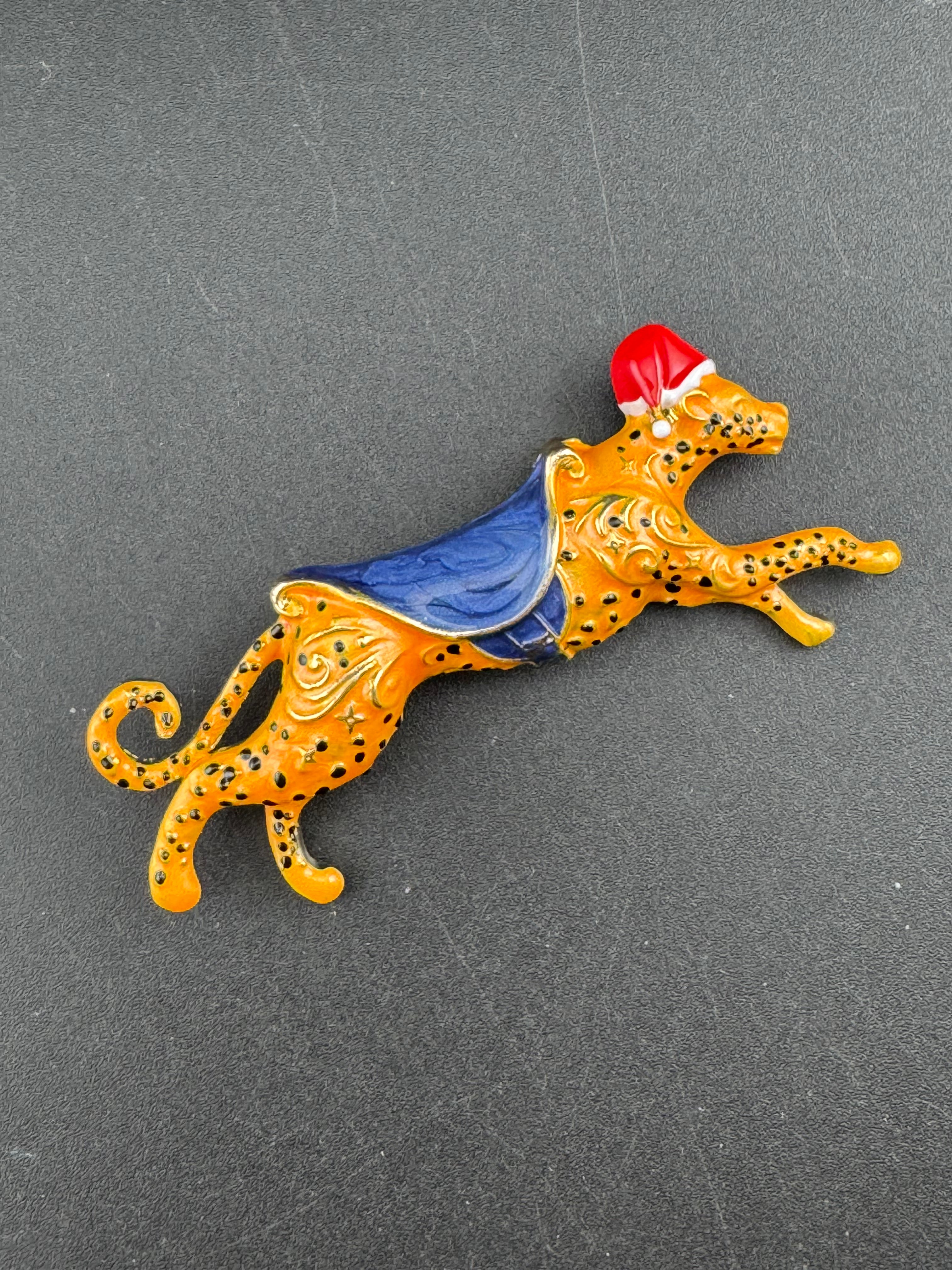 Christmas big cat leopard brooch, festive Santa hat