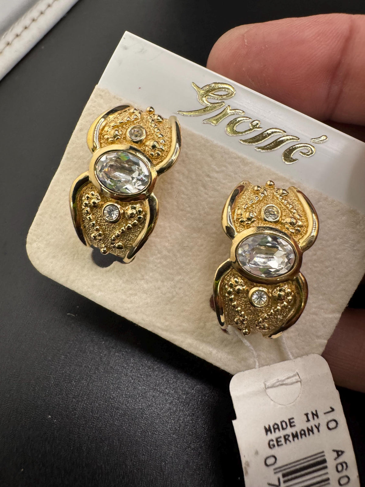 Vintage Grosse Clip Earrings, Gold Plated Rhinestone Half Hoop, 3 Cm