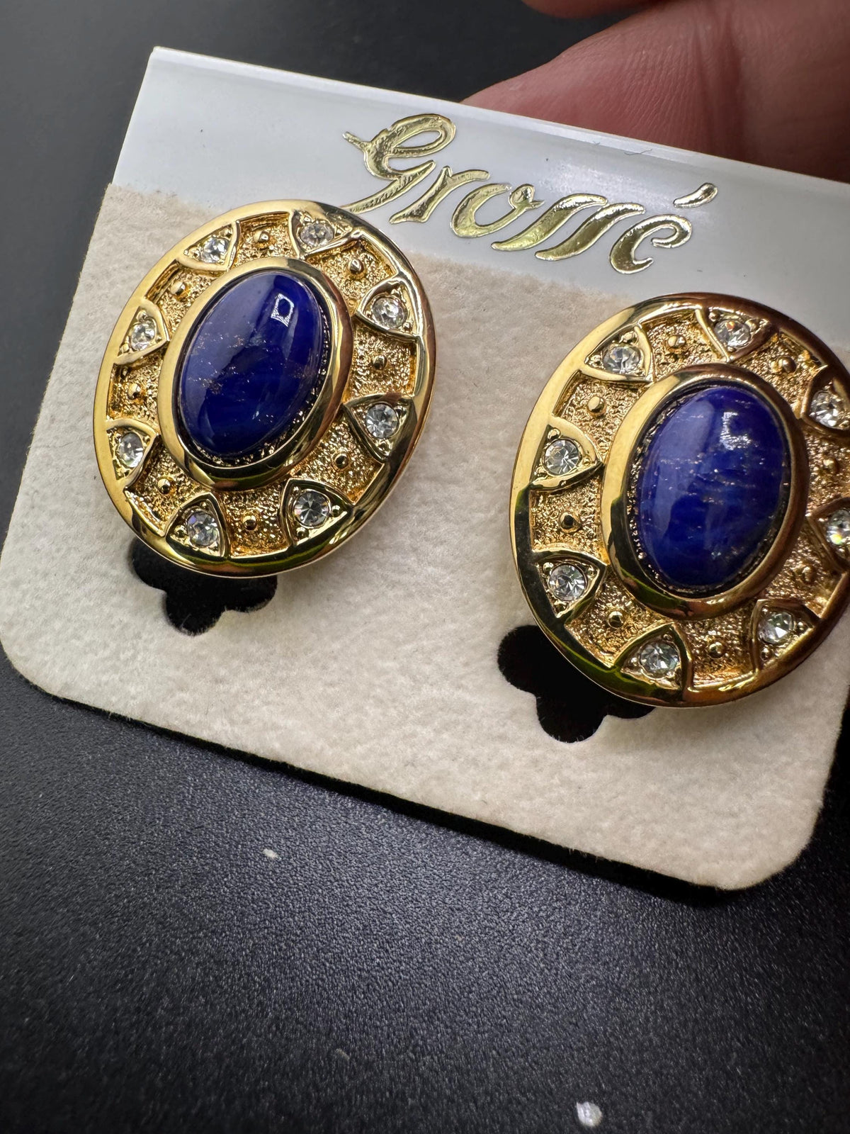 Vintage Clip Earrings, Grosse Oval Blue Lapis Cabochon, Rhinestones