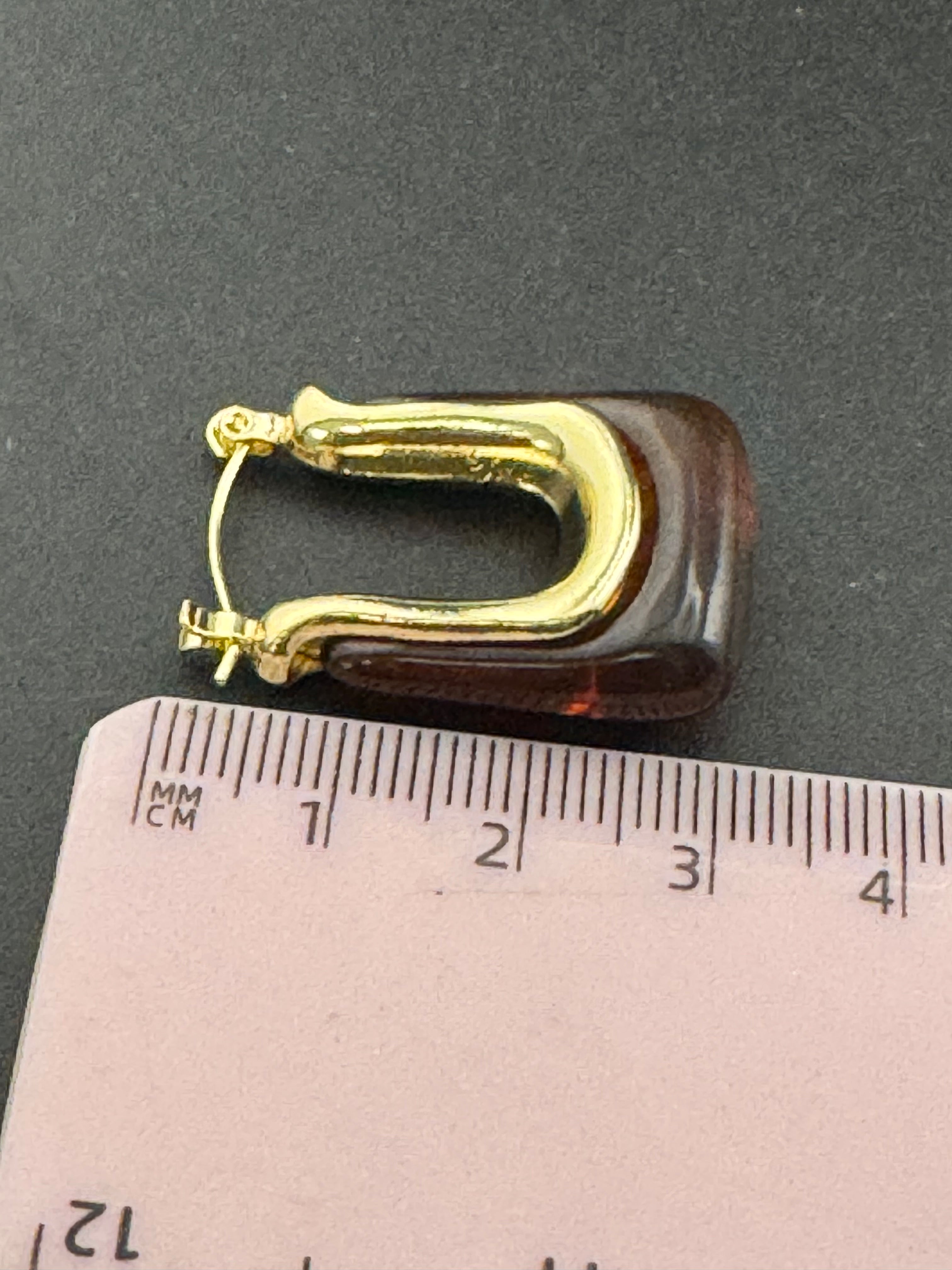 Brown acrylic gold tone pierced rectangular drop hoop earrings