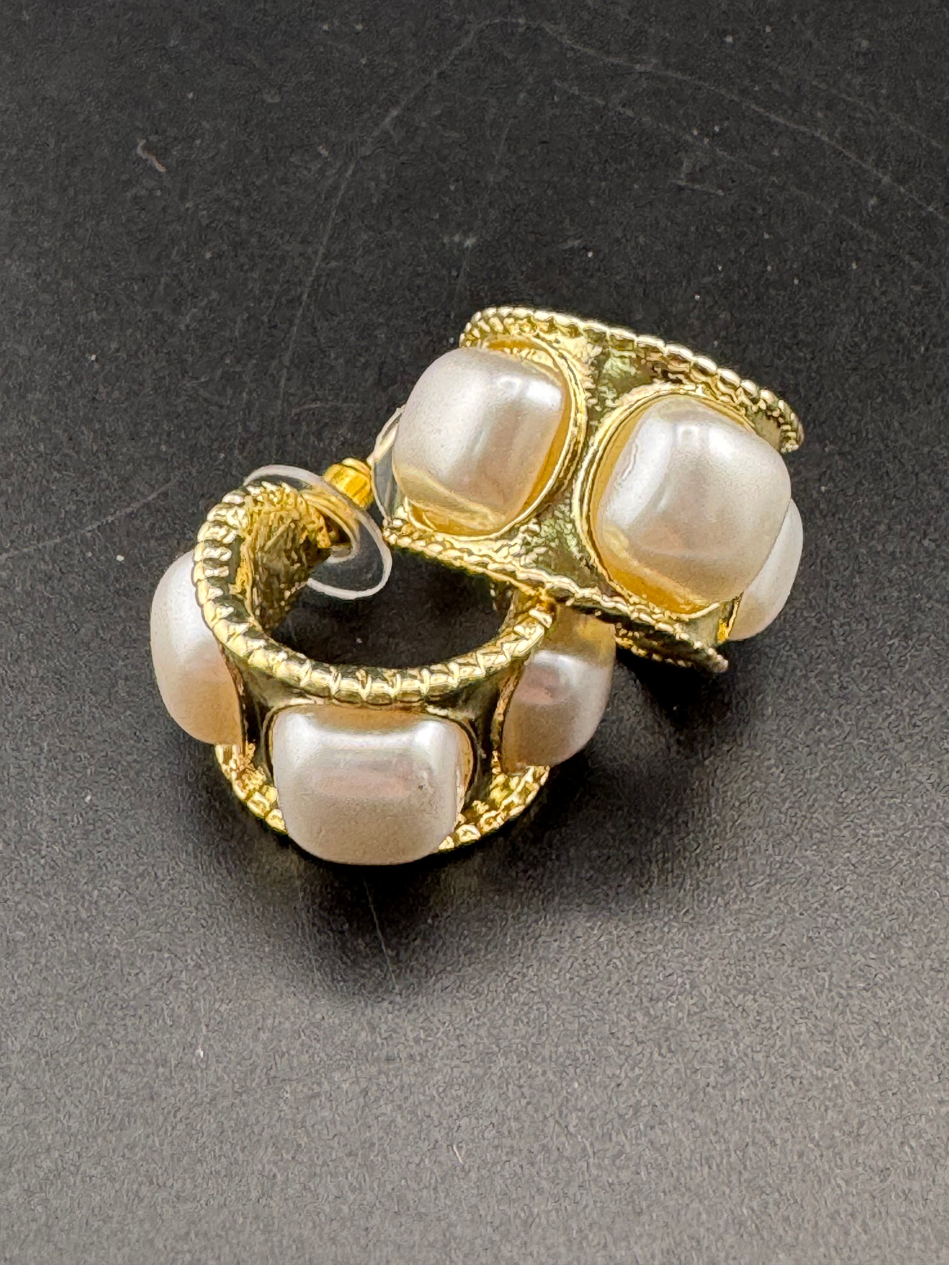 Etruscan style pearl wide hoop earrings