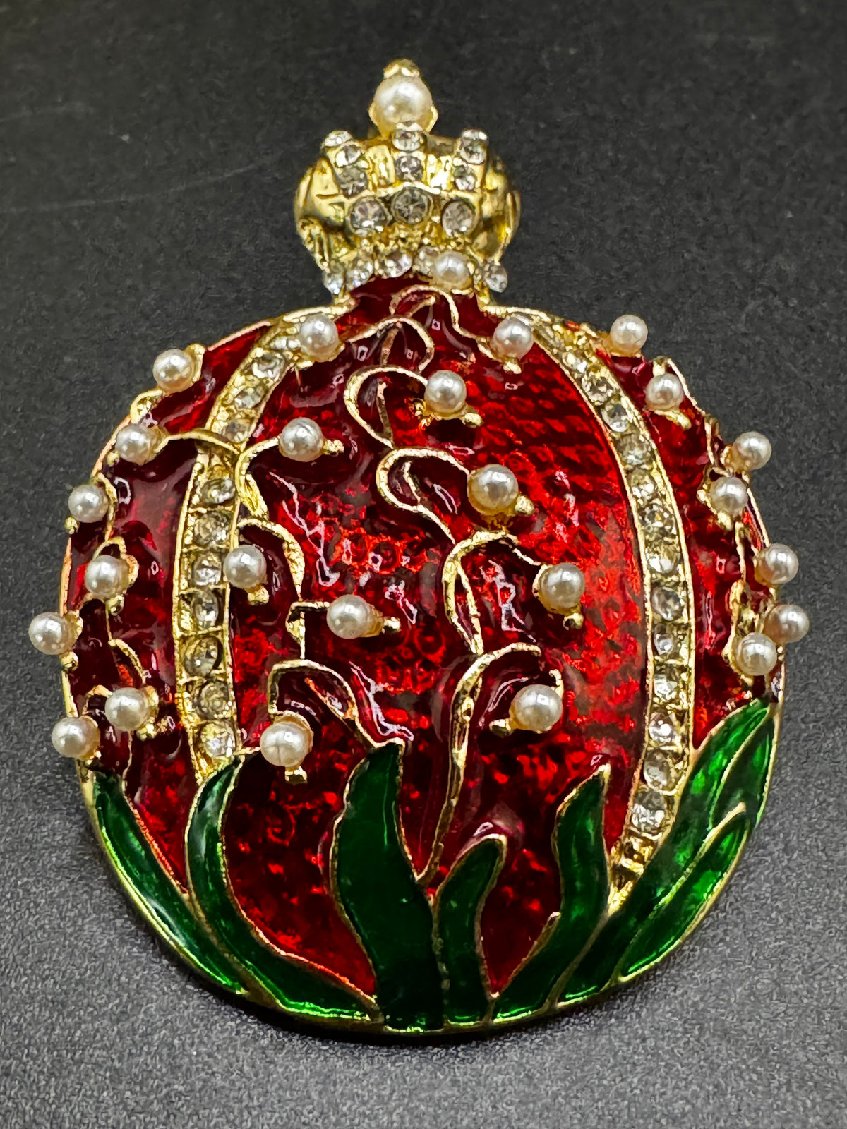 Red enamel Rhinestone pomegranate brooch, gold tone , festive jewellery