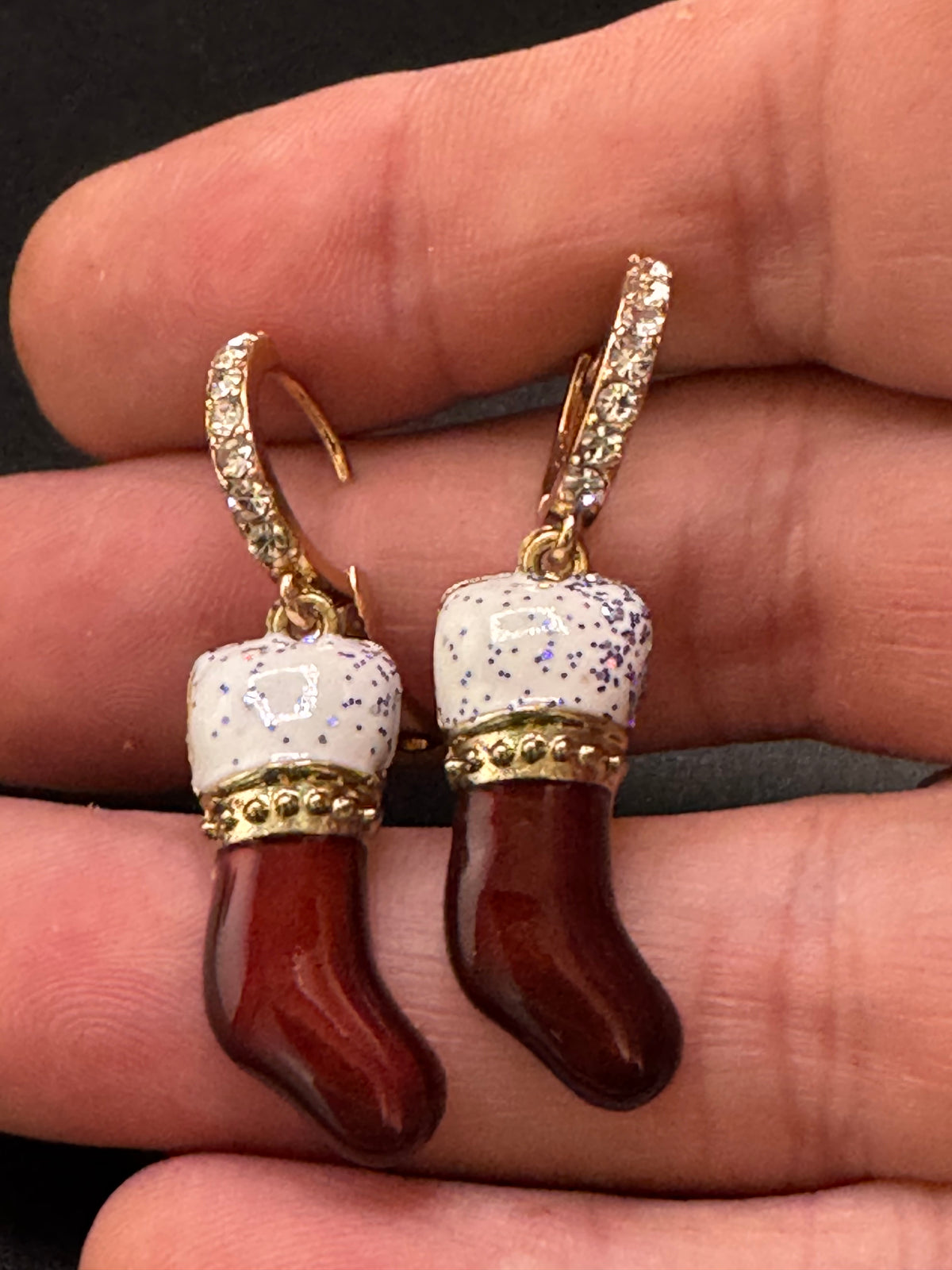Red enamel rhinestone Christmas stockings earrings, festive jewellery, gift for her
