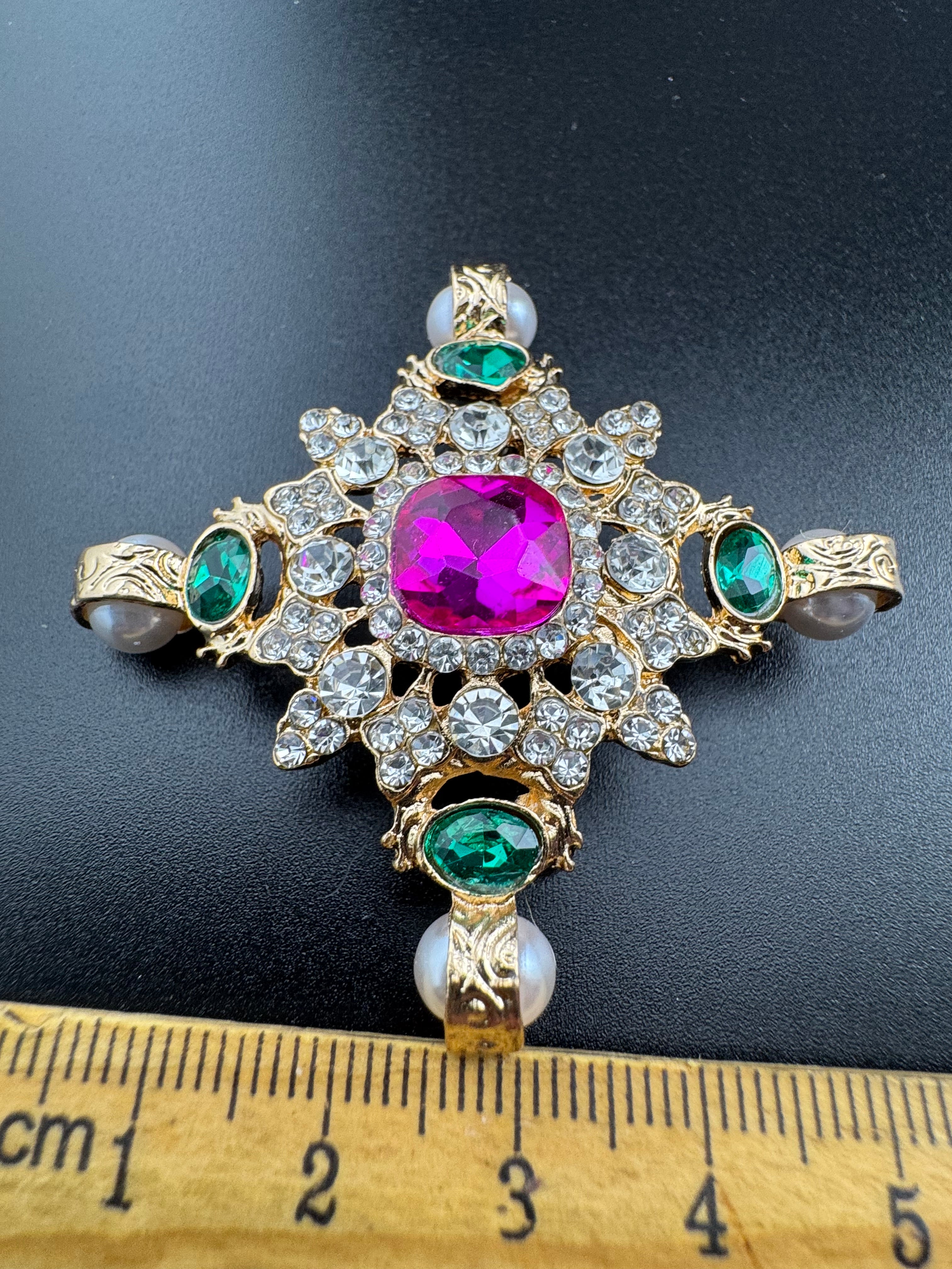 Statement Medieval style gold pink and green rhinestone cross brooch