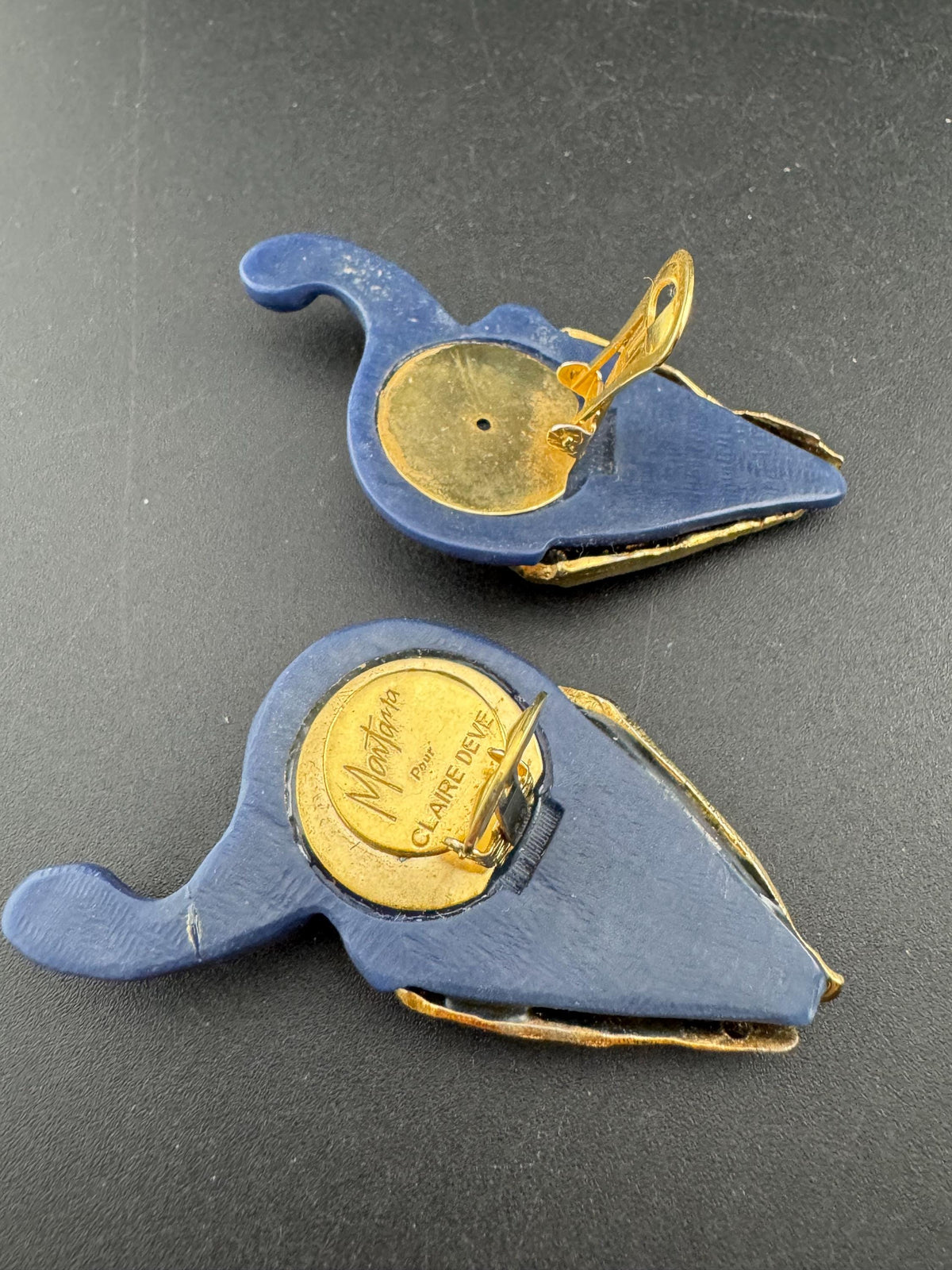 Vintage Clip On Earrings, Claire Deve Paris, 1980S Blue Gold Resin