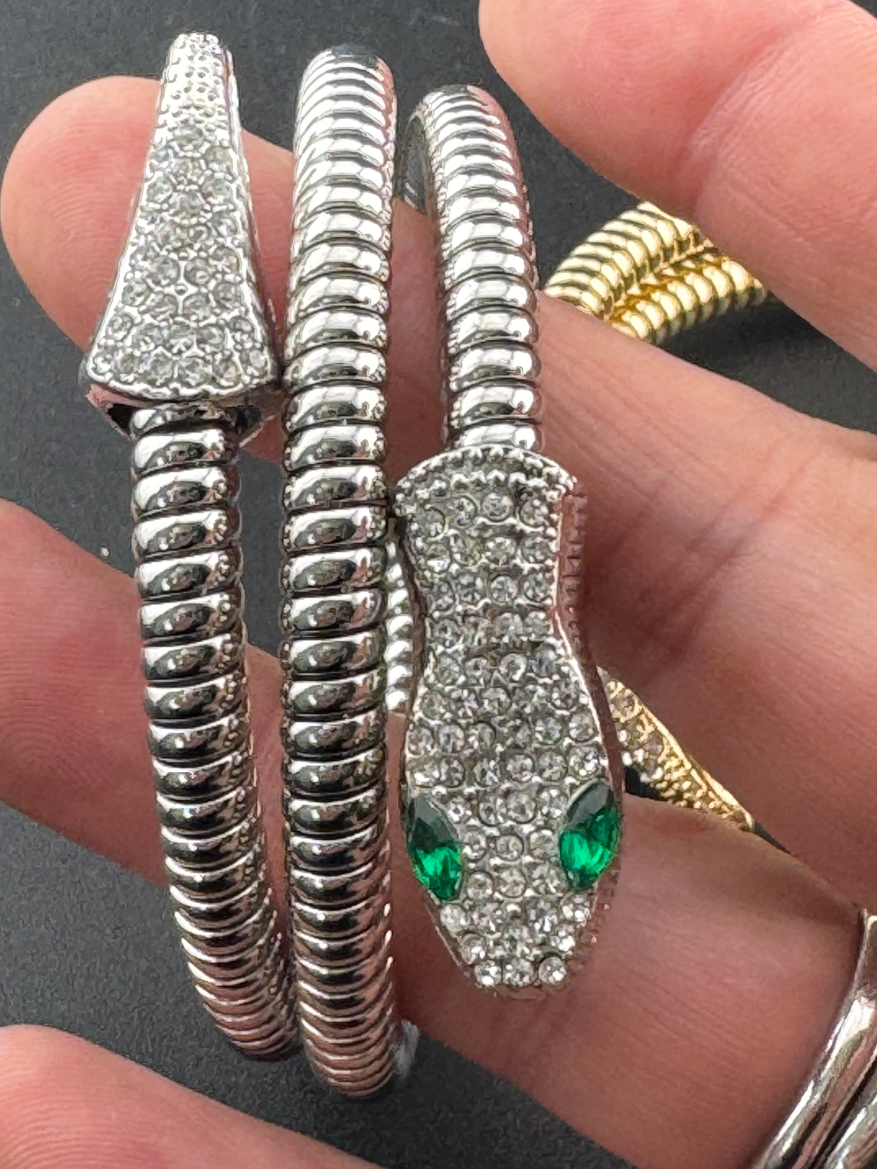 Silver crystal bendy wrap around snake bracelet with emerald eyes