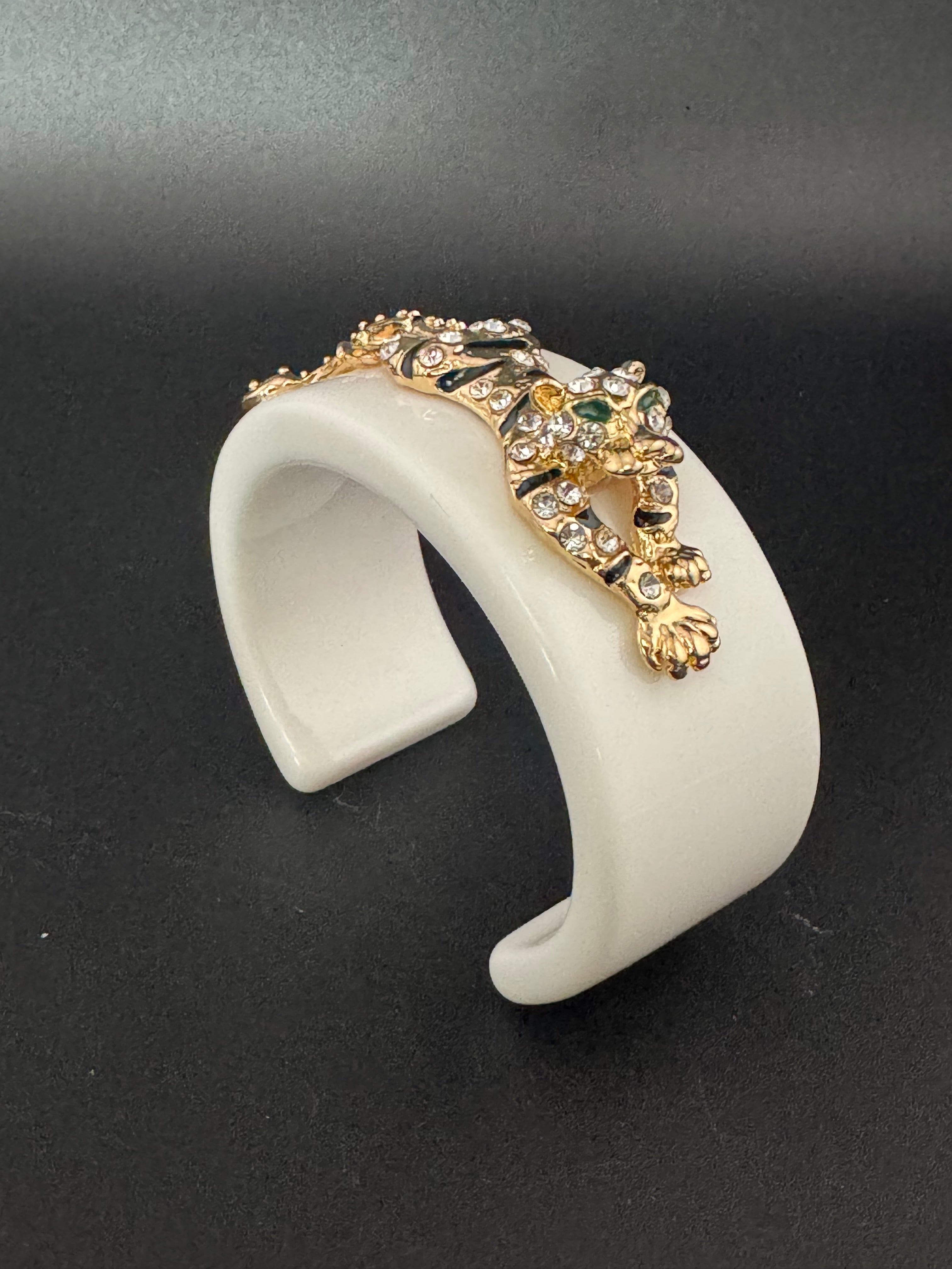 White acrylic big cat black enamel and clear crystal gold tone cuff bangle bracelet