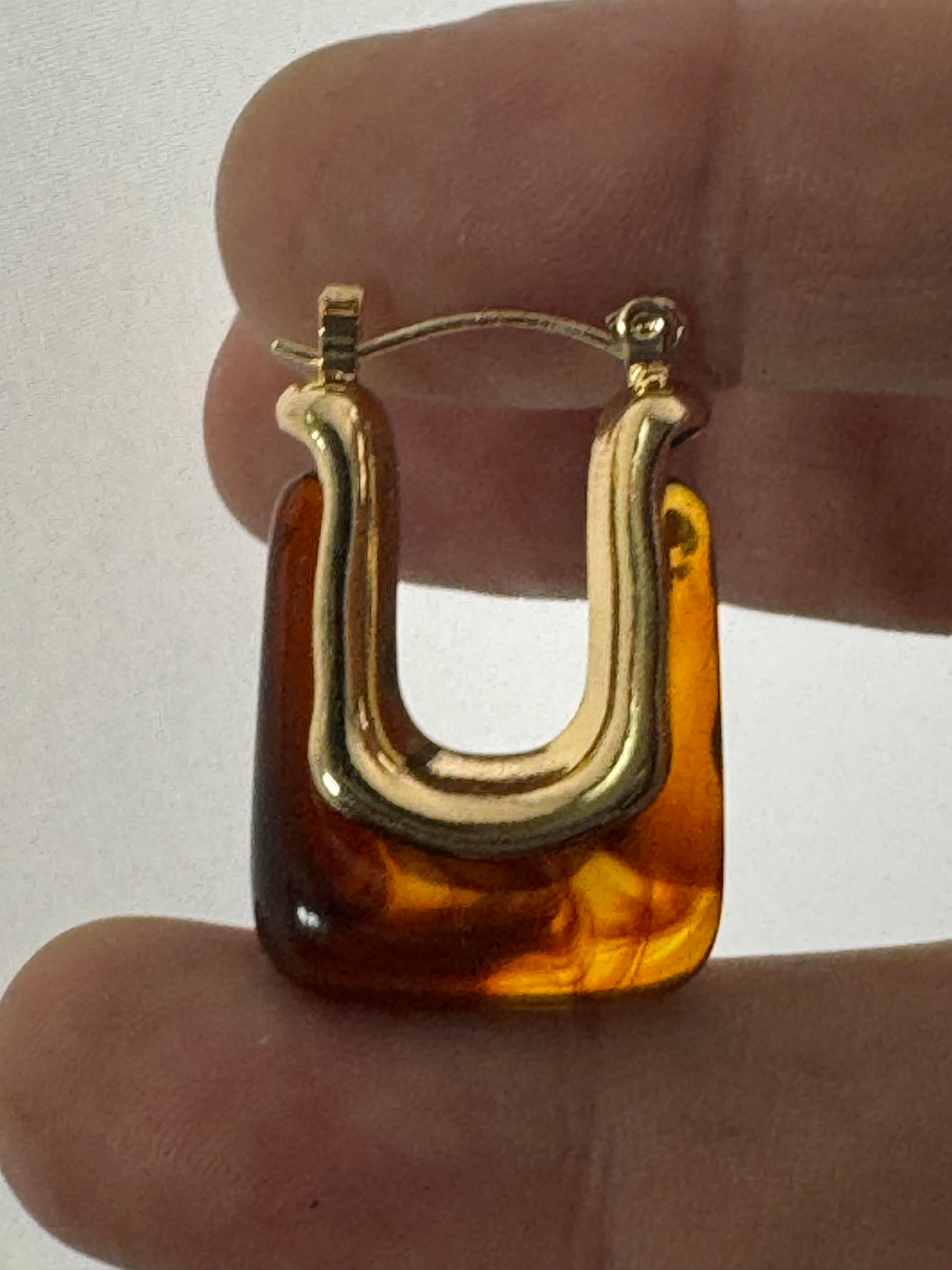 Brown acrylic gold tone pierced rectangular drop hoop earrings
