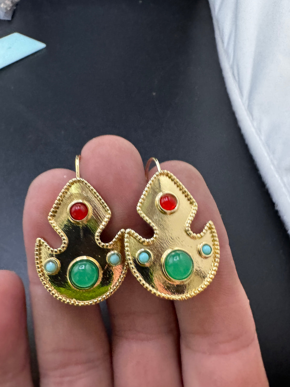 Etruscan style red and green cabochon drop earrings for pierced ears