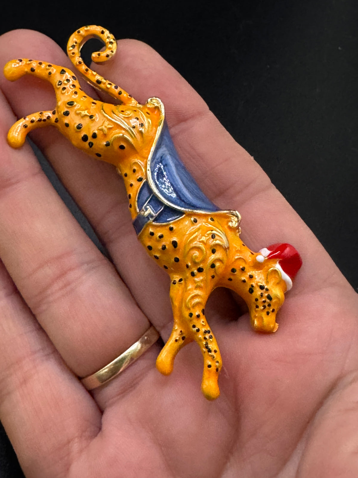 Novelty christmas enamel leopard brooch, big cat festive jewellery