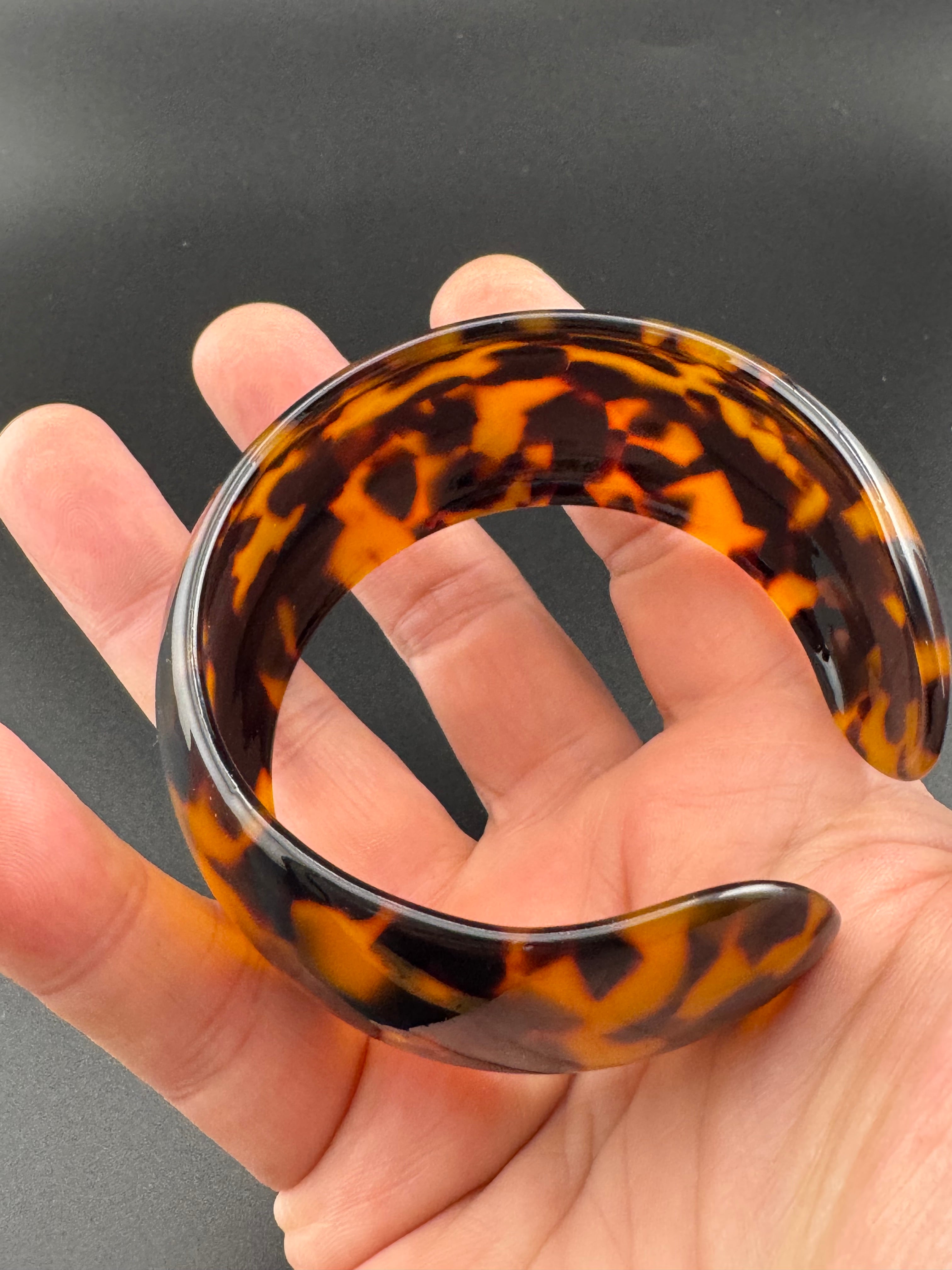 Wide acrylic brown faux tortoiseshell open cuff bangle bracelet