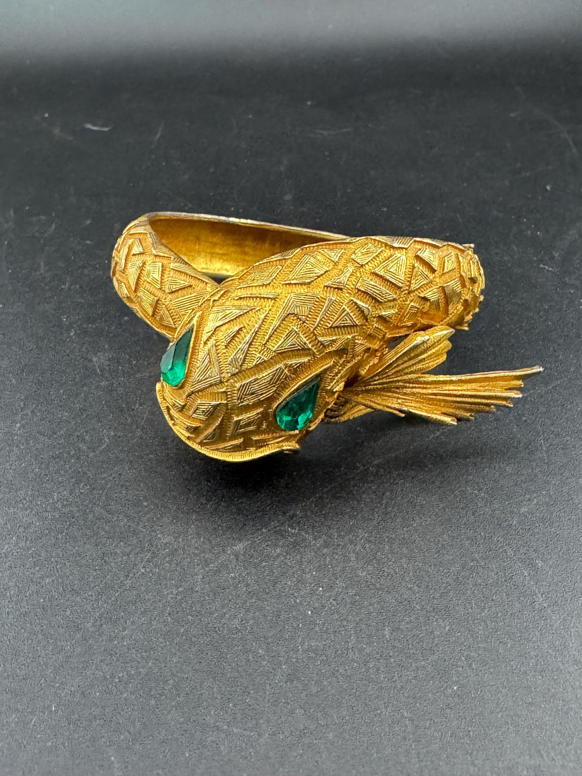 Vintage Serpent Bangle - Red Enamel, Emerald Rhinestones, Gold