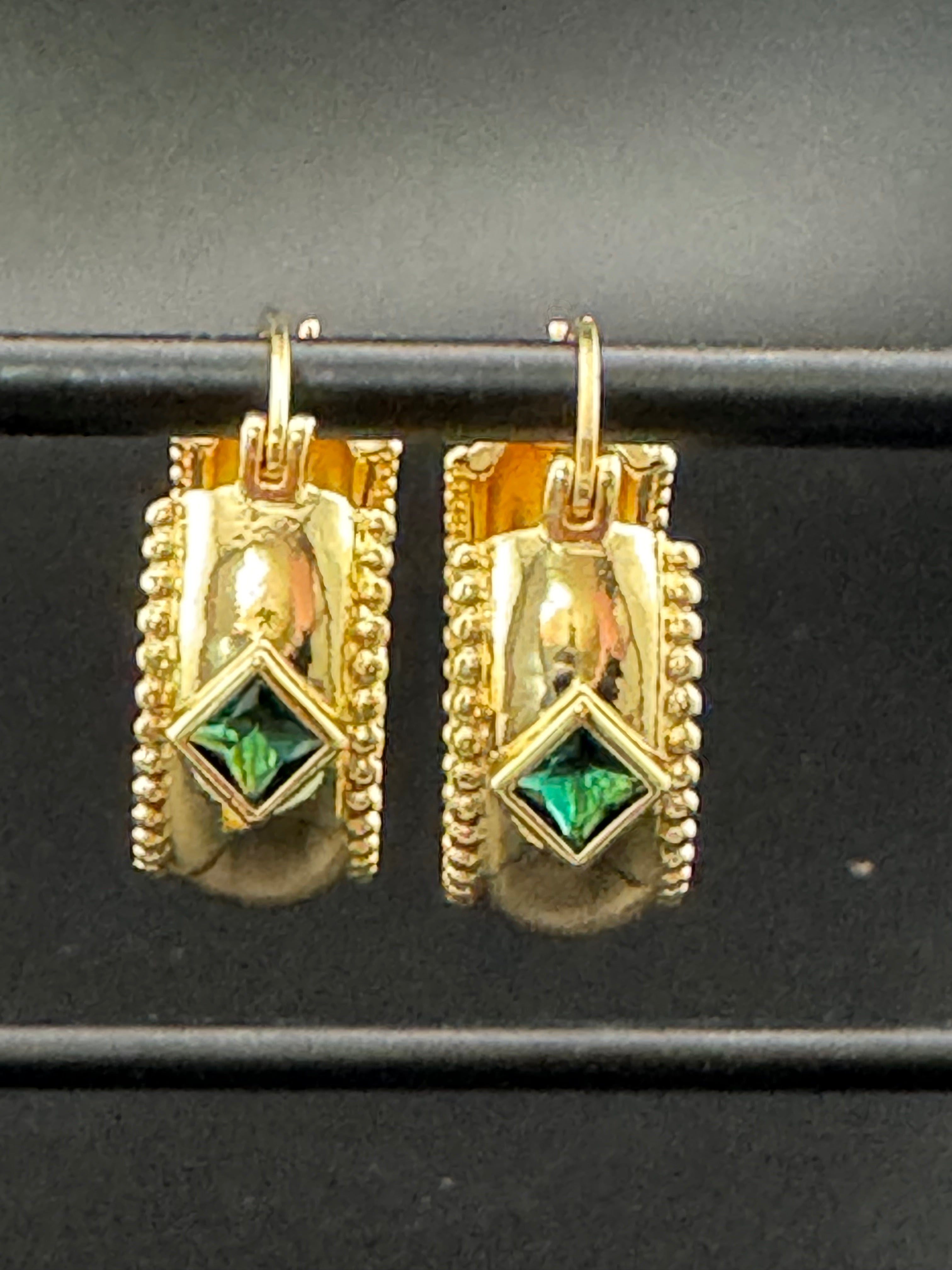 Wide crystal gold hoop earrings with pink emerald and tourmaline crystals