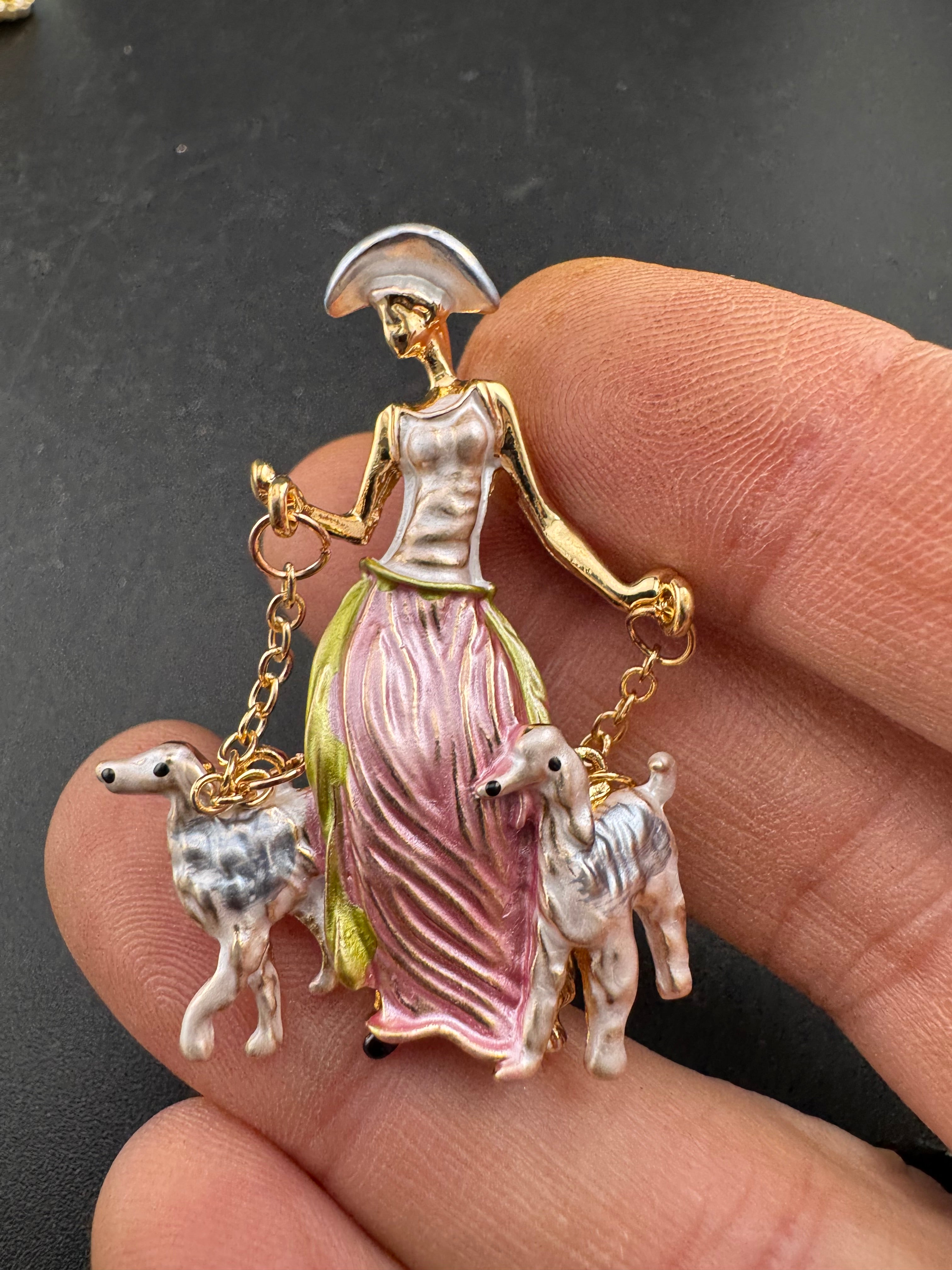 Pink art deco lady with french poodle dogs on leads brooch