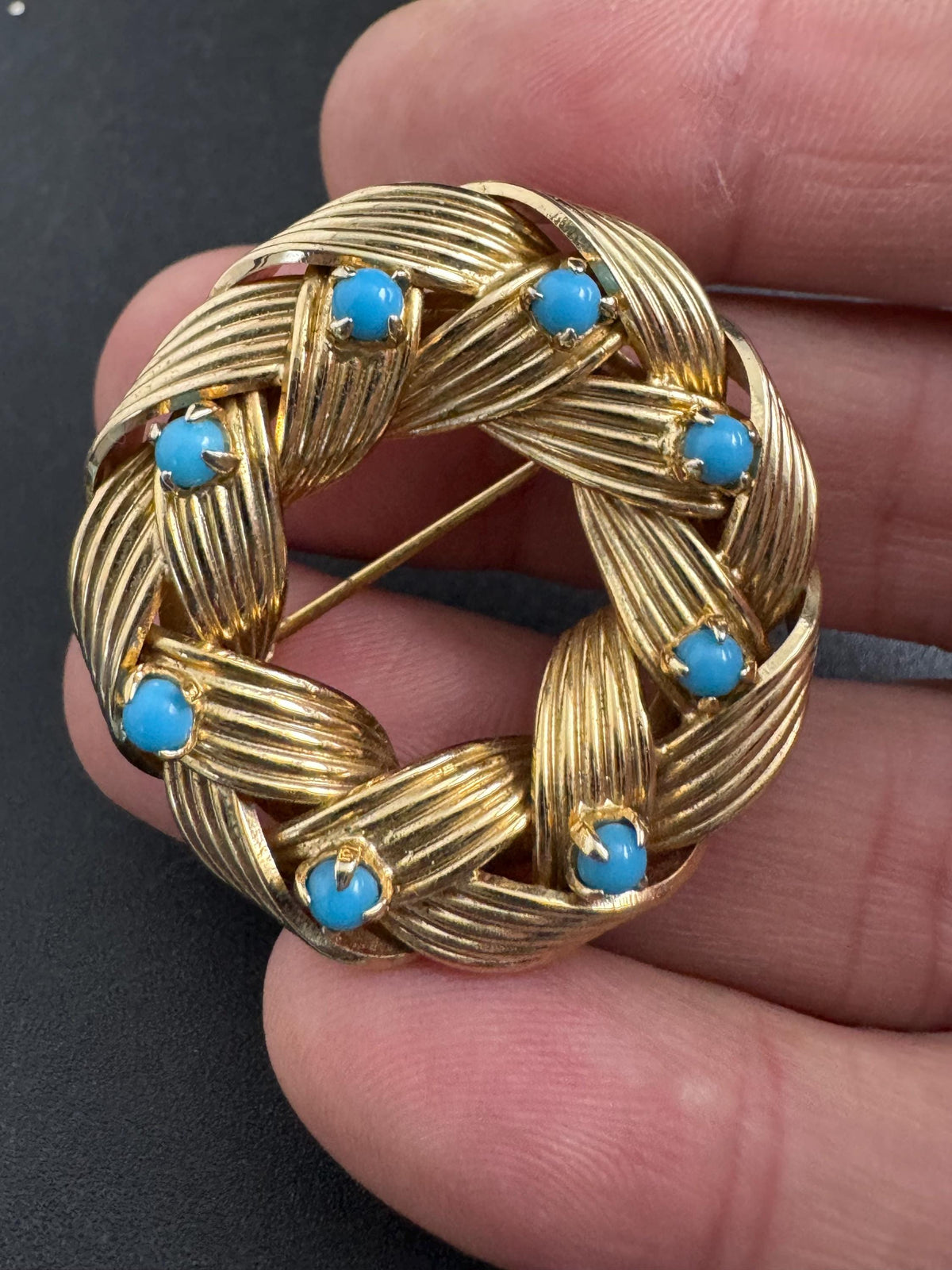 Grosse Signed Brooch, Turquoise Wreath Pin, Midcentury Gold Halo