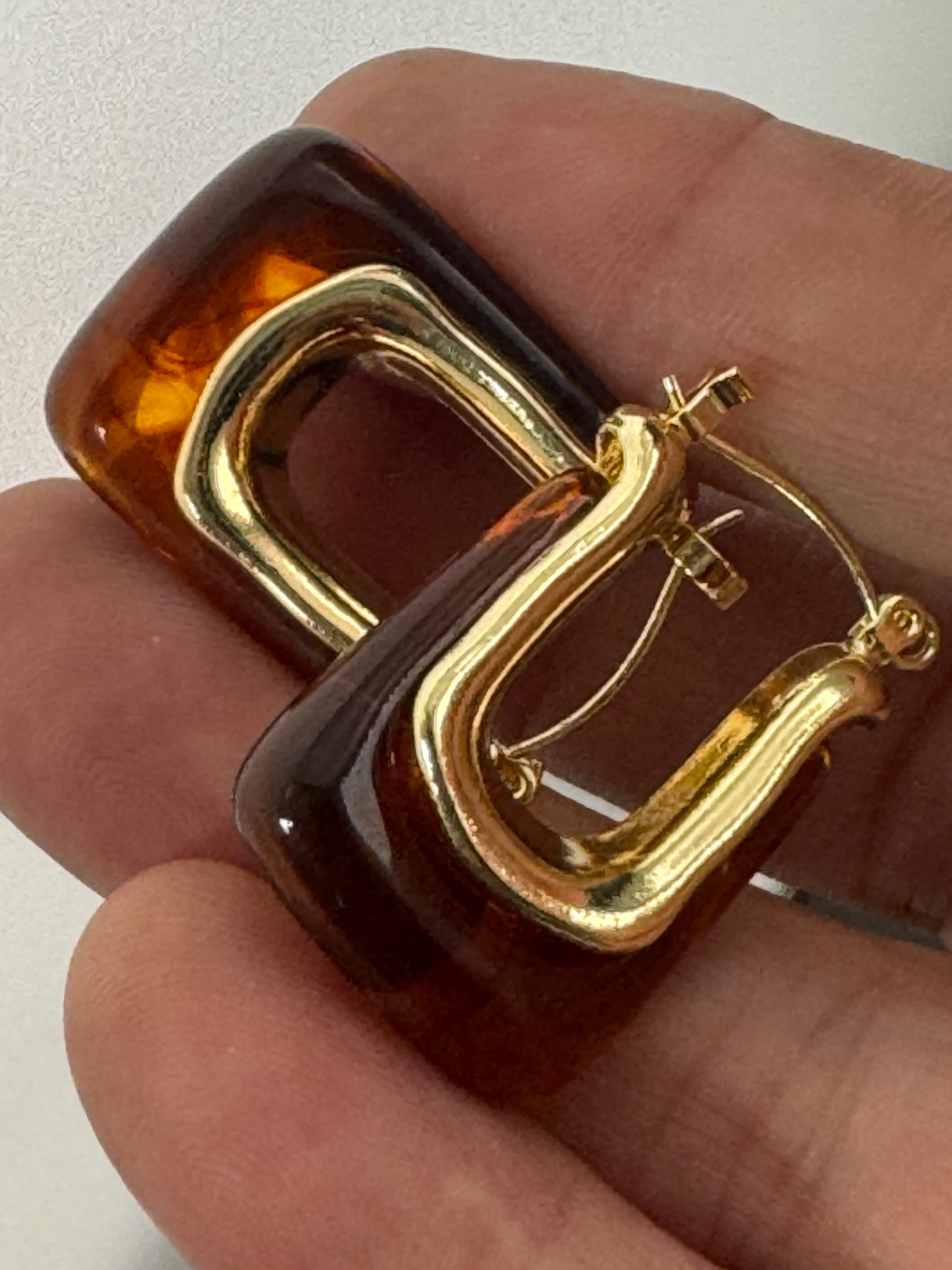 Brown acrylic gold tone pierced rectangular drop hoop earrings