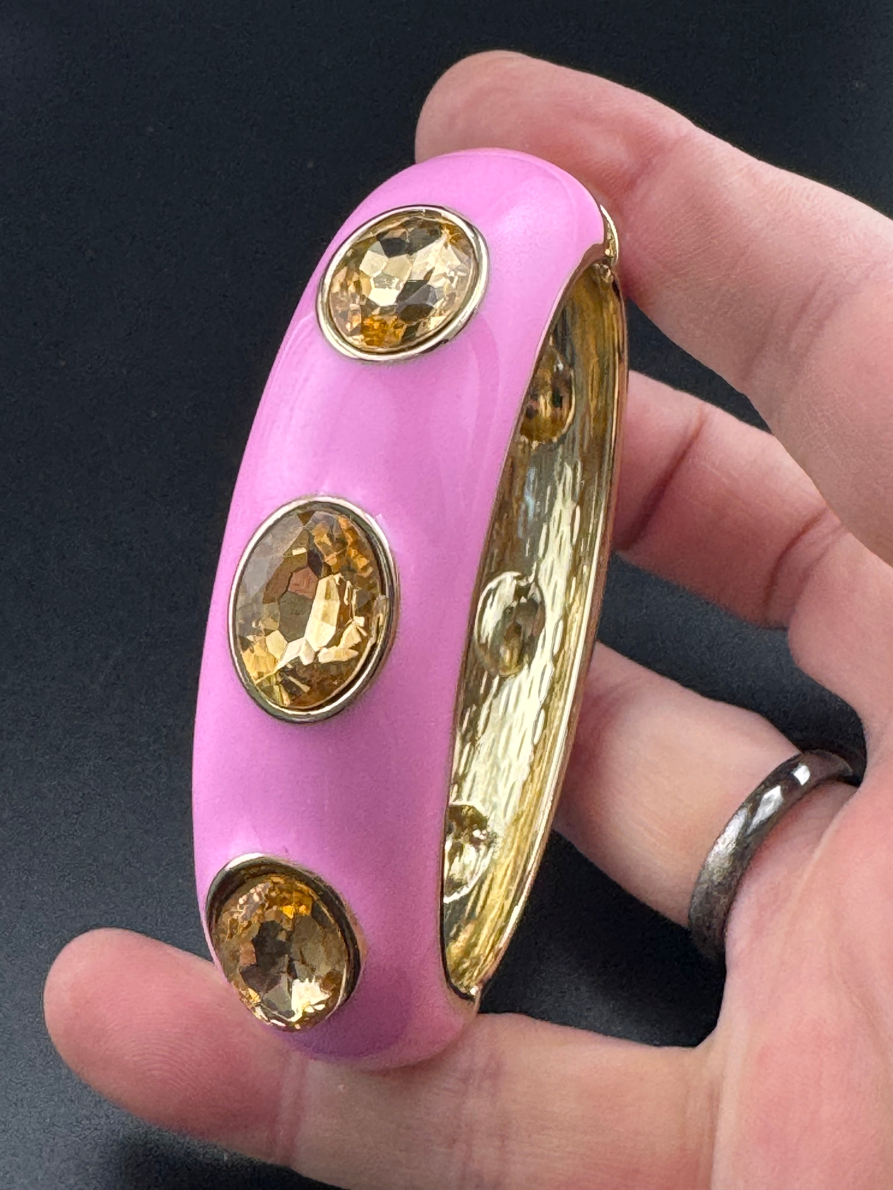 Pink enamel topaz Crystal clamper Bangle