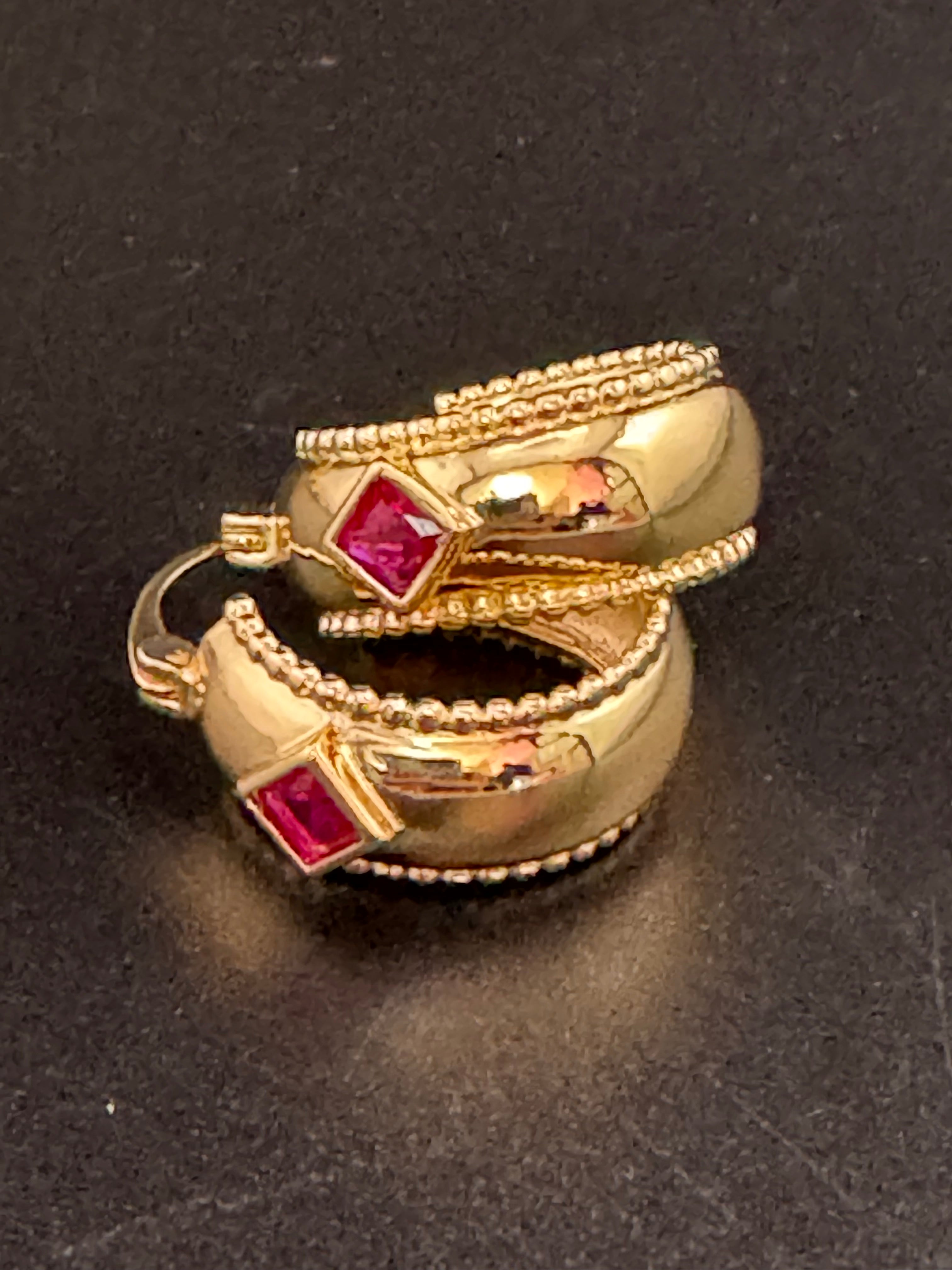 Wide crystal gold hoop earrings with pink emerald and tourmaline crystals