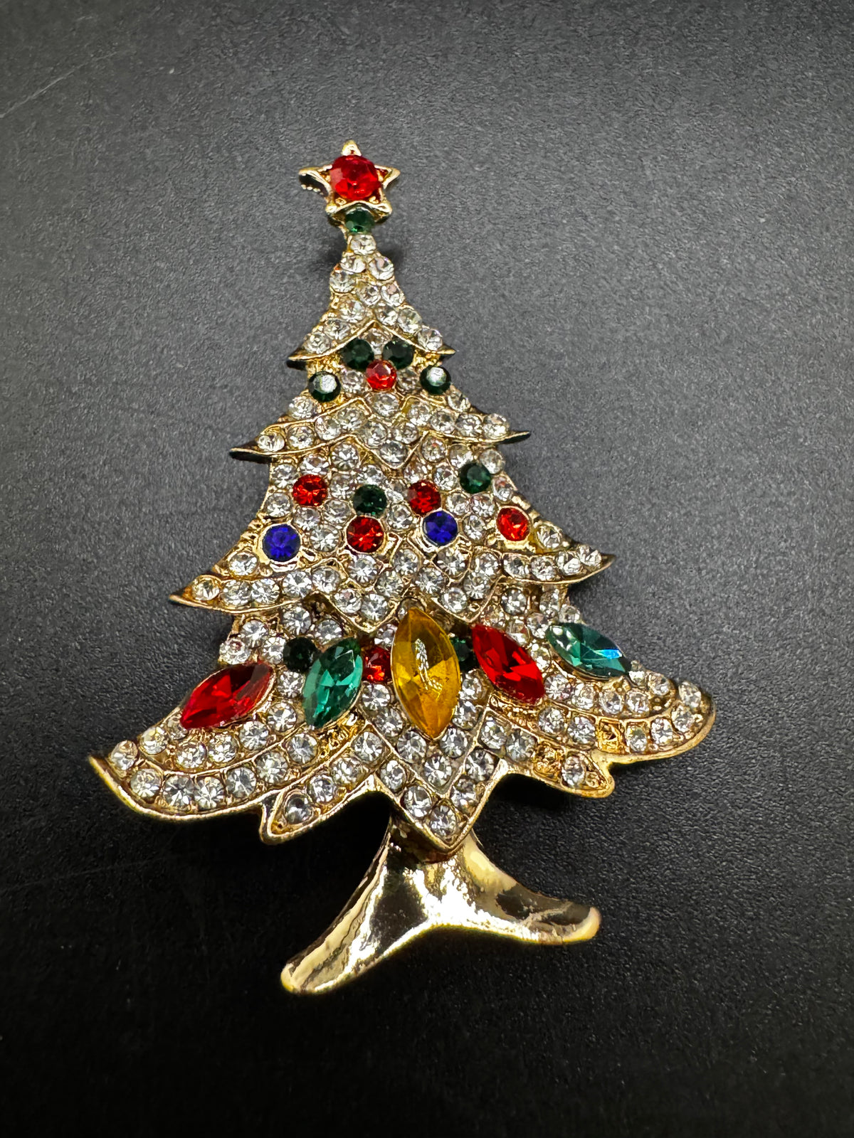 Coloured Rhinestone Christmas tree brooch, gold tone , festive jewellery